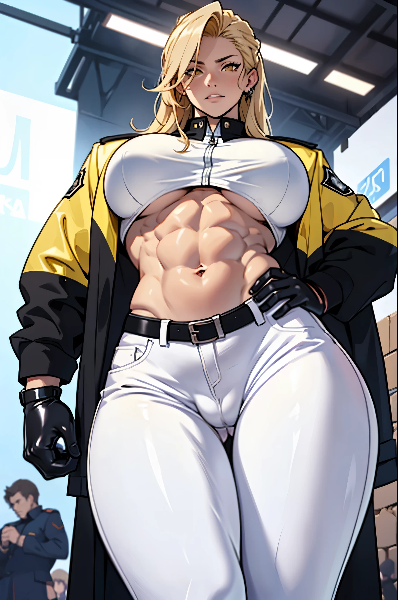 masterpiece, ultra quality, Beautiful detailed, extremely detailed,16K, exquisite, highres, Beautiful background, Beautiful eye, Beautiful skin, anime style, anger, chiseled muscular female bodybuilder, ((from below)), (((Muscular girl, toned body, big breasts))), ((6 pack, chiseled abs:1.1)), (((enough, huge breasts, big areola))), (((enough, huge hips))), long silky blonde hair, yellow eyes white skin cameltoe, (latex, uniform, wearing white uniform, wearing white military pants), standing small valve, background surrounded by crowd