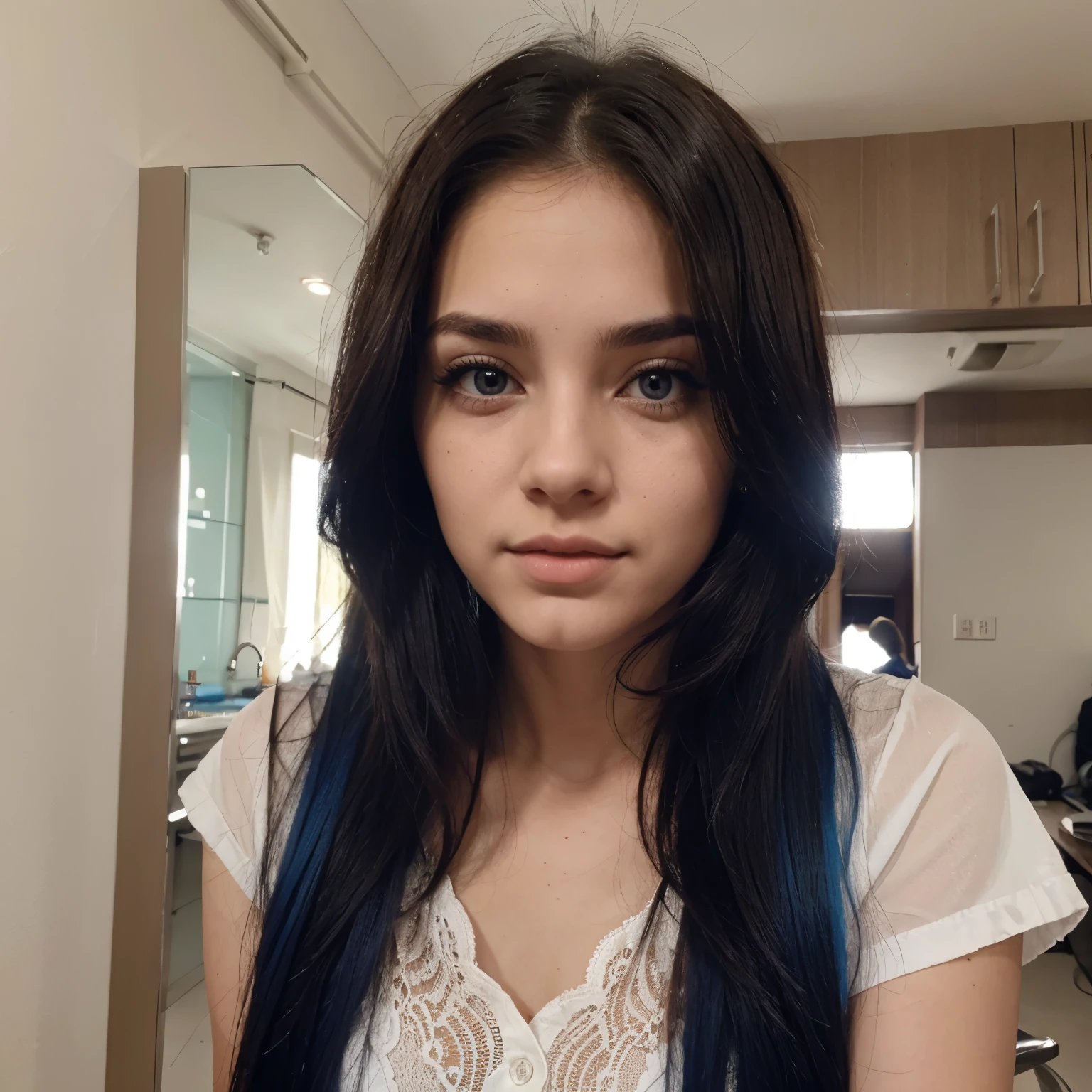 Genera a una mujer joven de pelo rubio y ojos azules teniendo sexo