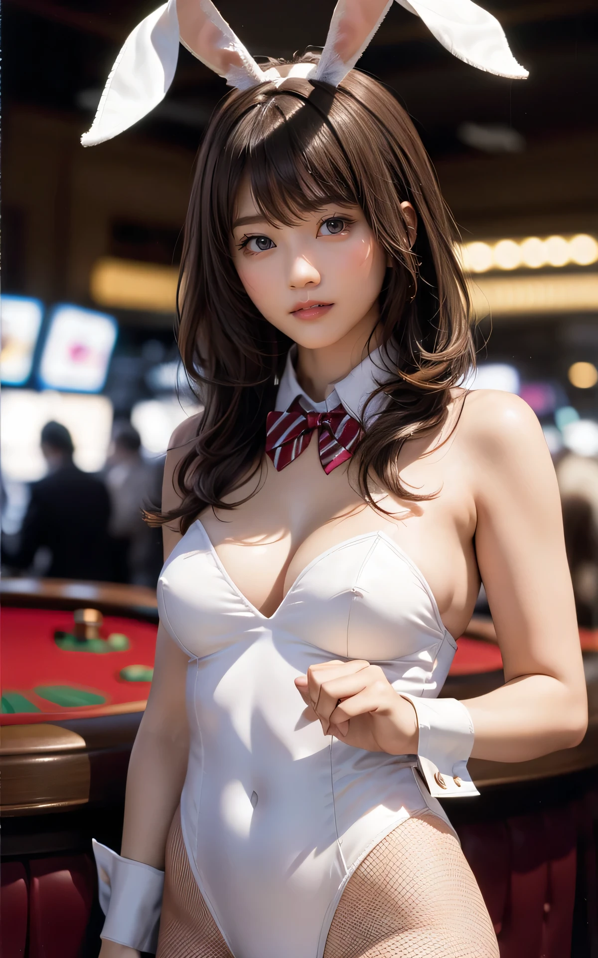 absurderes:2.0, (Blush、light smile、light brown hair、solo、)、japanese actress:1.3, realistic, Unity 8K Wallpaper, Masterpiece, Realistic face, Realistic skin feeling ,detailed hair, highly detailed, realistic glistening skin, light makeup, (white playboy bunny,fake rabbit tail, white fake rabbit ears, Fishnet tights:1.8, bowtie, wrist cuffs, enamel leotard)、black eyes、Casino, retro bar