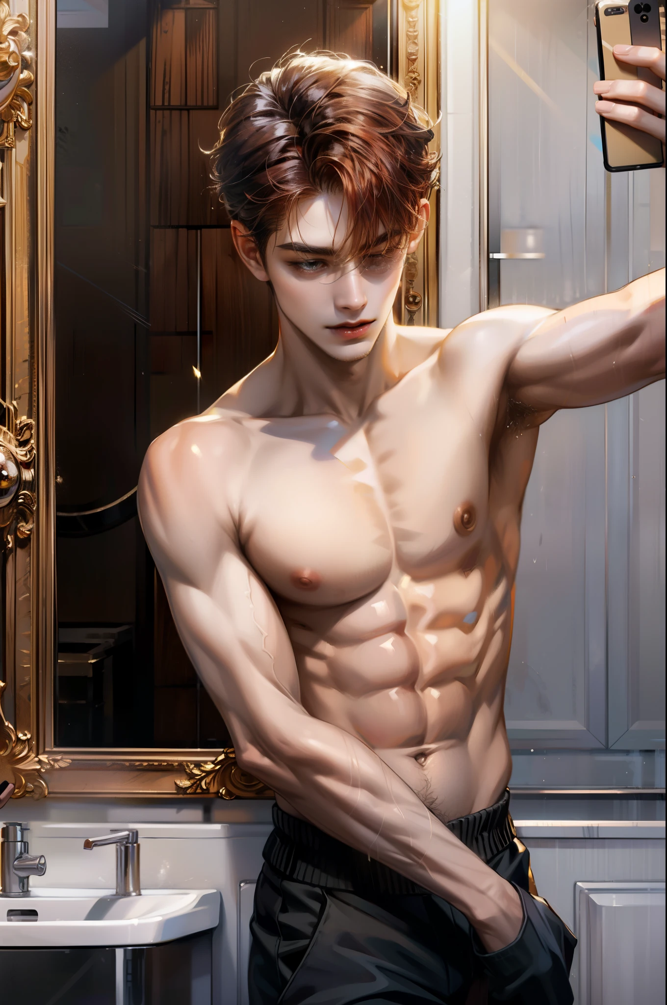 best quality, masterpiece, realistic photo, intricate details, raw photo, ultra detailed, handsome student, wearing sando, showing armpit, crimson hair, perfect face, selfie on bathroom mirror