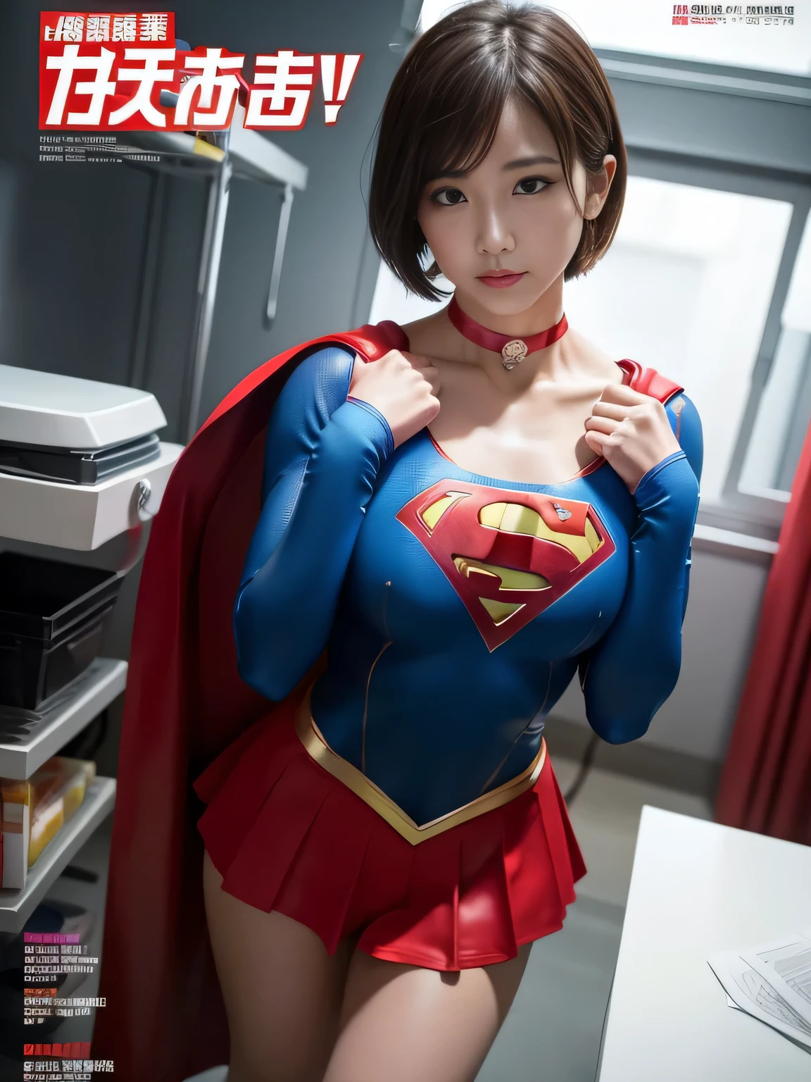masterpiece、supergirl costume、short hair、barefoot、big and full breasts、palpation、operating room、operating table、Crisis situation、straddle、flowing sweat、shiny、look at the camera、provocation、Estrus、choker、Weekly magazine cover、long sleeve、red mini skirt、obscene pose、Seduce、humiliating