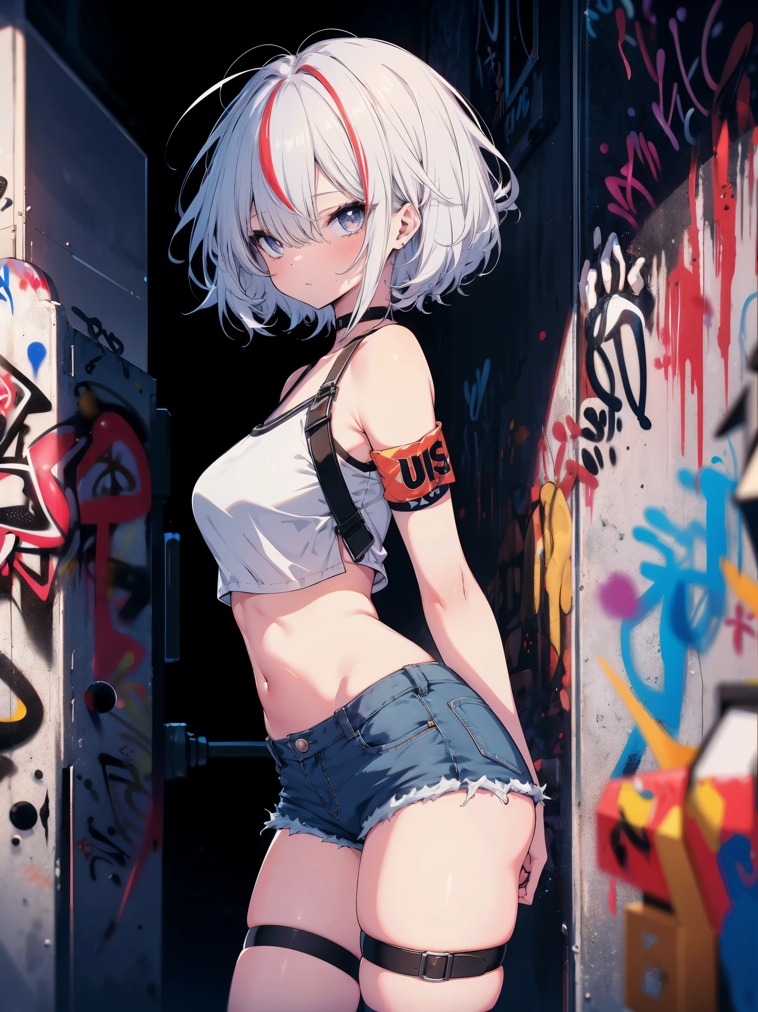 (cowboy shot), (best quality, ultra-high resolution, depth of field:1.2), adult, 1woman, medium breasts, wide hips, solo, streaked hair, short hair, bangs, black crop top, strings, denim shorts, choker, (graffiti:1.4), paint splatter, arms behind back, (slouching), (leaning back:0.5), against wall, (leaning to the side:0.5), looking at viewer, armband, thigh strap, streaked hair, paint on body, upturned eyes, head down, head tilt, (from side:1), bored