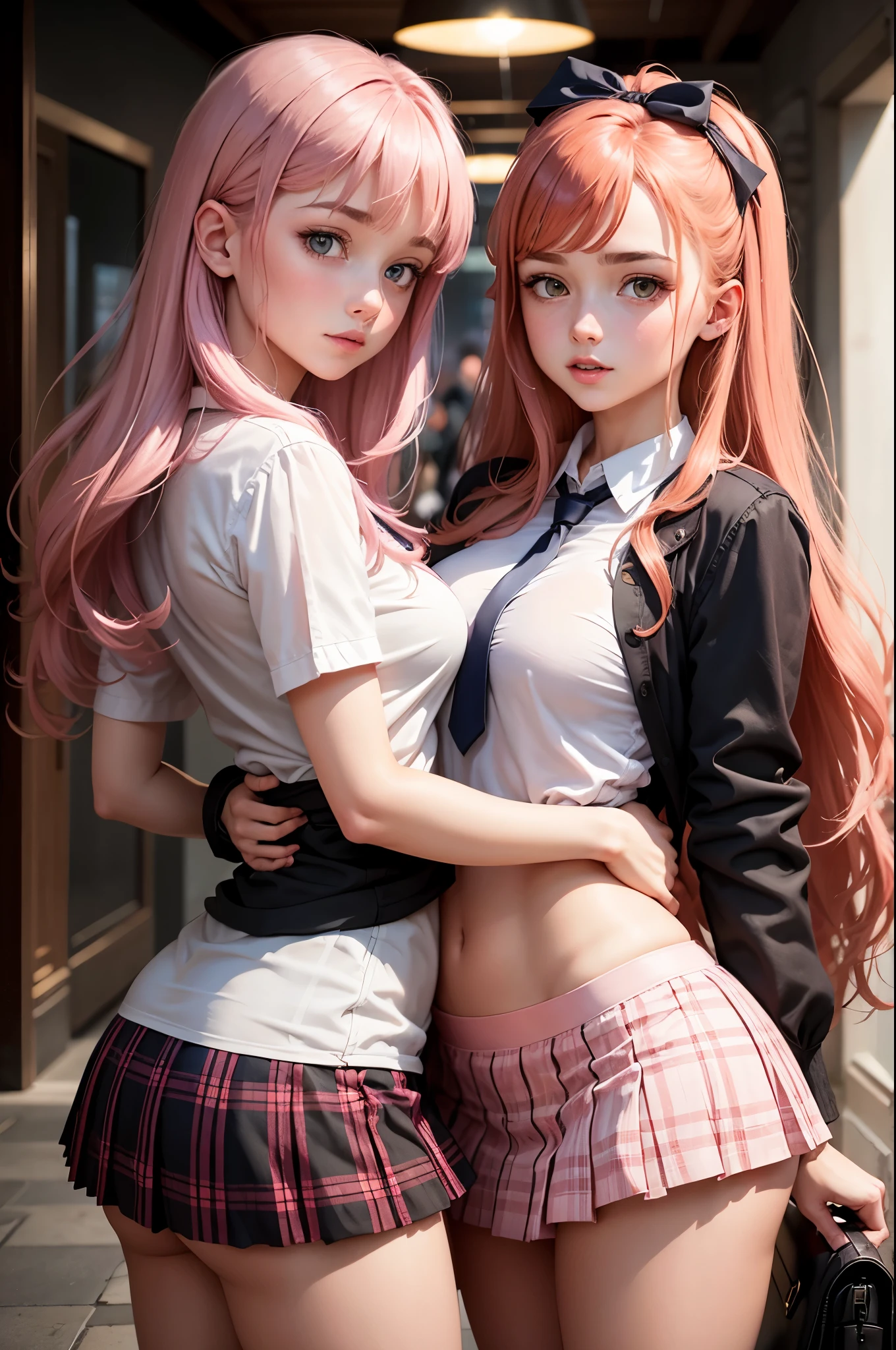 Deux adolescents, adolescent maigre, Sexy girls, se toucher, seulement soutien-gorge à carreaux ,plus gros , voir à travers, really pink plaid mini skirt,sexy mais, ginger very long hair, doubles queues de cheval, yeux parfaits, rougir, visage taquin, sensations chaudes, orgasme, essayant de s'embrasser, sexy short shirt,