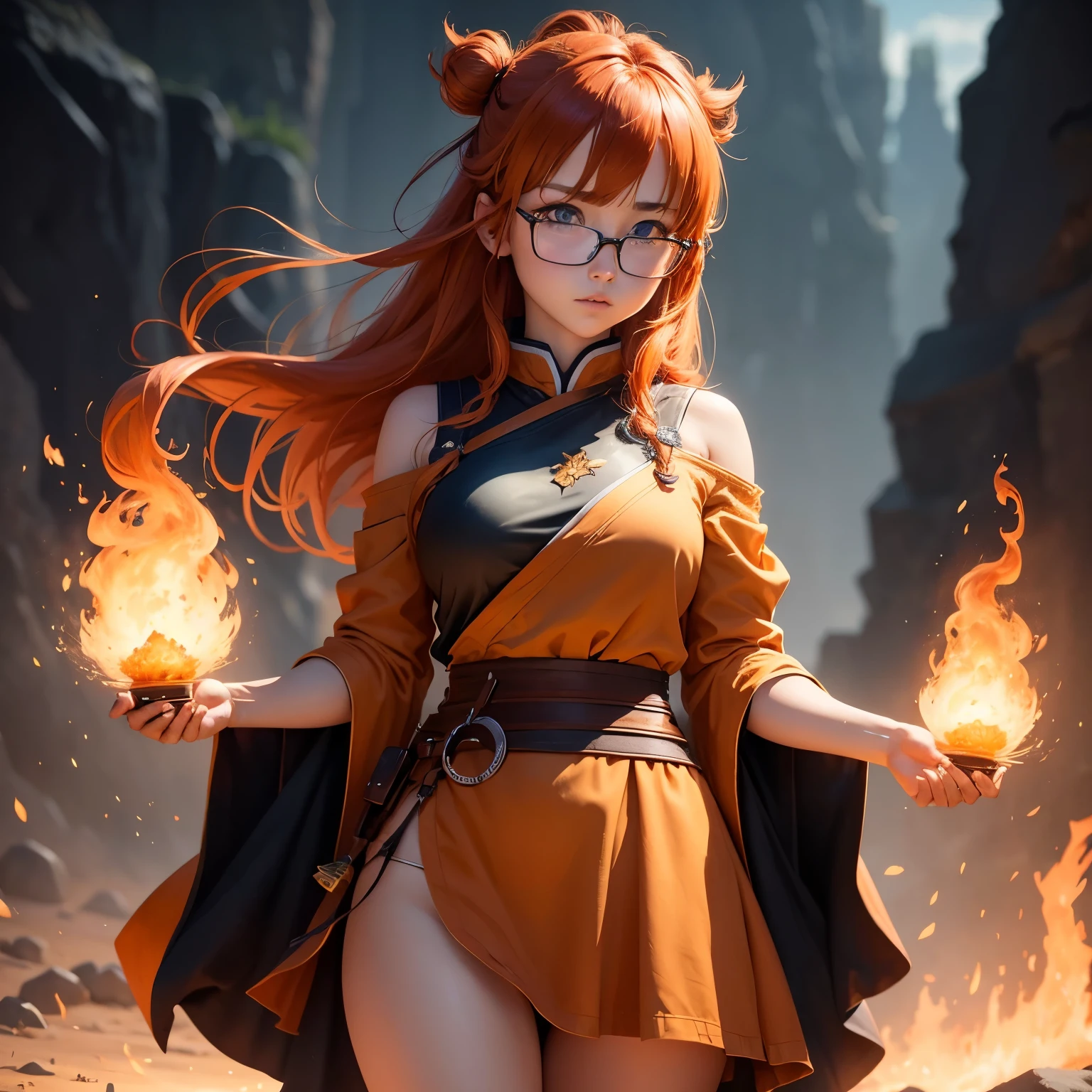 8k, masterpiece, best quality, realistic, higly detailed, cowboy shot, 1girl, solo, Itsuki Nakano, serious looking girl, medium-length hair, expressive ahoge, reddish-orange hair colour, a pair of star-shaped hairpins near both of her eyes, dark blue eyes, average height, well-endowed figure, wears glasses, cute, Fire Bender