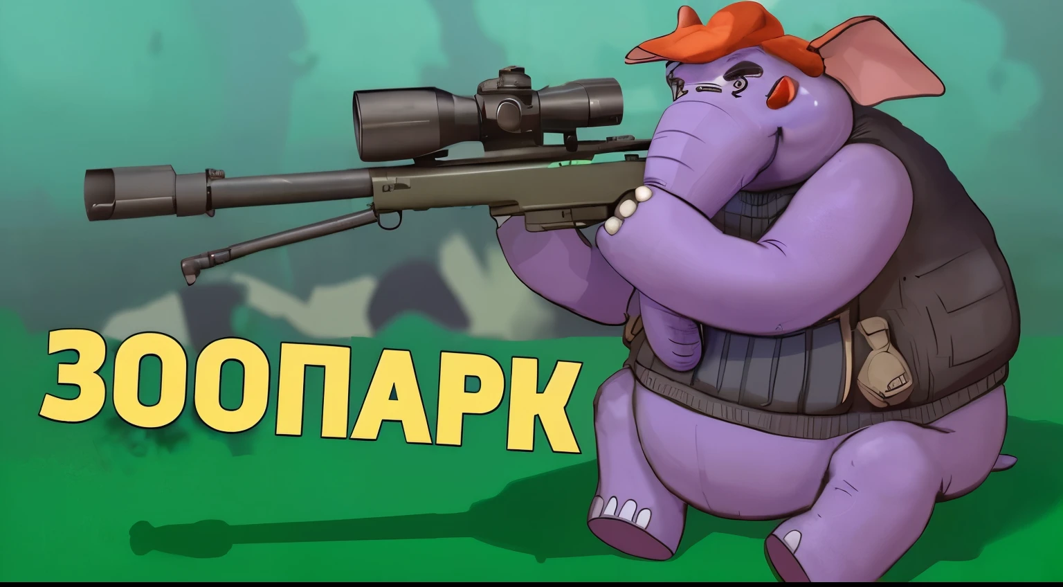 blue elephant taking aim with a sniper rifle