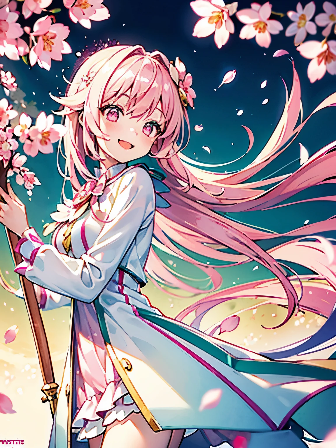 moasterpice, best quality, highres, extra detailed, (a girl), cute, solo, cherry blossoms fairy, shiny little long beige hair, shiny detailed pink eyes, cherry blossoms’ wing, (green leaf and pink flower fluffy dress), long sleeve, big magic stick made from wood, smiling, happy, shiny, cinematic, clear, low angle
