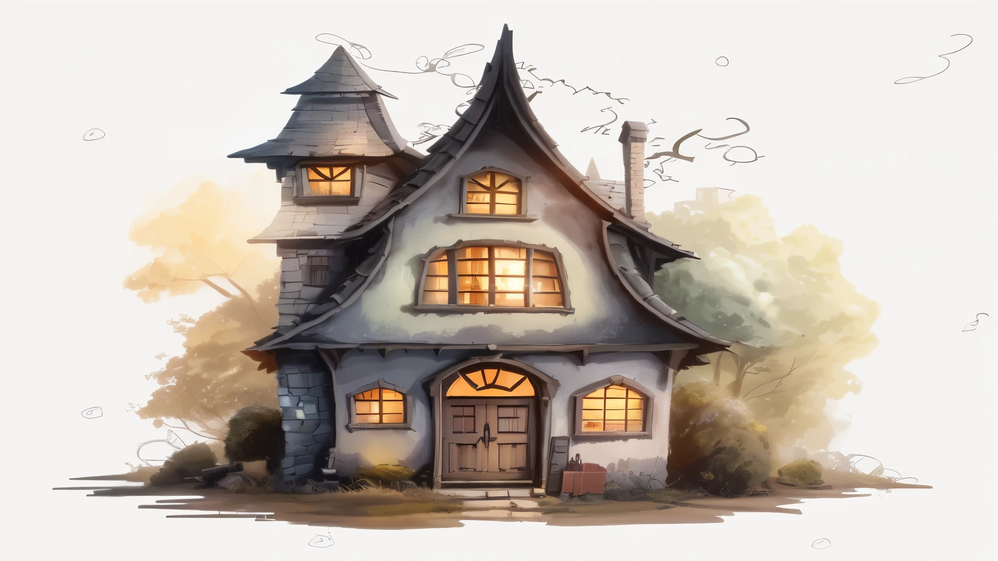 
Forestry, background animation, cityscape, ghibli style, makoto shinkai, a painting of a house with a tower and a door, house background, witch cottage in the forest, rounded house and cute character, fantasy house, haunted house themed, ultra detailed haunted house, hand painted cartoon art style, location of a dark old house, haunted house, gothic building style, mysterious highly detailed, witch hut, eerie highly detailed, beautiful high resolution, 4k resolution