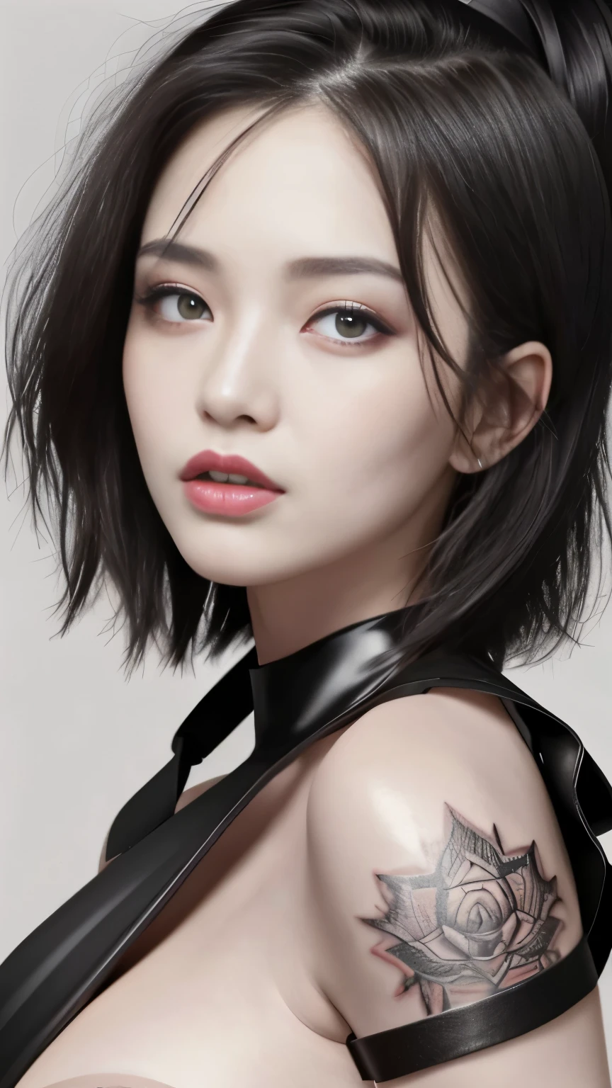 Angry Face, BDSM,slave,Rubber,Black Corset,Bondage,Collar,NSFW,((Best Quality, 8k, Masterpiece:2))), ,Highly Detailed Face and Skin Texture、Detailed Eyes、Double Eyelids,cool beauty,tall woman,short hair,black hair,Precisely expresses details such as face and skin texture,beautiful eye, double eyelid,delicate skin,slender body shape,alone,medium breast,(beautiful tattoo)