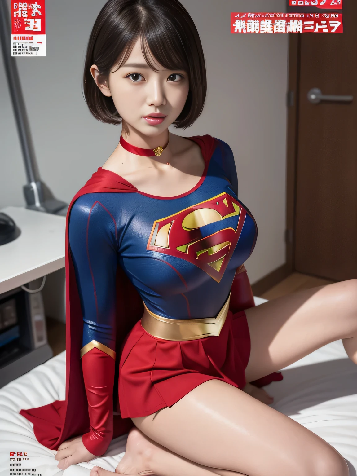 masterpiece、supergirl costume、short hair、barefoot、big and full breasts、Crisis situation、operating room、operating table、straddle、Sweat、shiny、look at the camera、provoke、Estrus、choker、Weekly magazine cover、long sleeve、red mini skirt、obscene pose、Seduce、