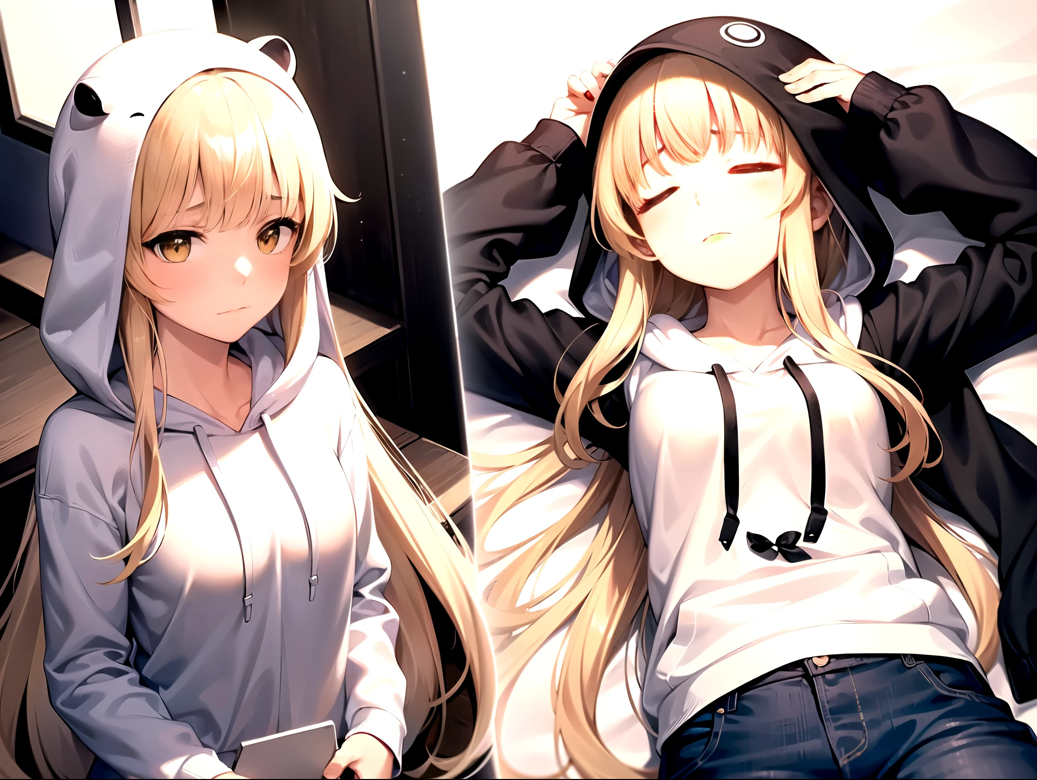 1girl, (((white long hair beautiful))), yellow eyes, blunt bangs, ((((sleepy expression)))), (((wearing hoodie on head))), shy, desleixada, ((melhor qualidade)), ((obra de arte)), (detalhado), rosto perfeito, ((((style novel)))), ((saindo do supermercado))