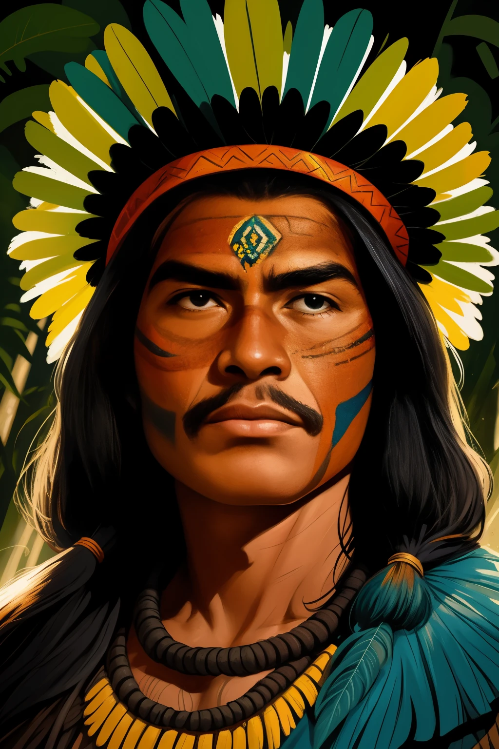 um close up de um homem com um cocar emplumado e uma pintura facial, homem indigenous, povos indigenouss amazônicos no brasil, ayahuasca shaman, Retrato de um guerreiro, marcas tribais faciais, pintura do rosto do guerreiro vermelho, indigenous, pintura facial tribal, usando tinta de guerra, Retrato de um guerreiro masculino, usando armadura tribal, pinturas tribais do rosto, anthropological photography, 16K, high definition, rosto detalhado, rosto detalhado, olhos detalhados, terno detalhado, Estilo DC, hiper-realista, + cinematic photo + Dynamic Composition, incrivelmente detalhado, nitidez, detalhes + detalhes soberbos + noite com luz + perfeccionismo + realismo premiado ((soft lighting))