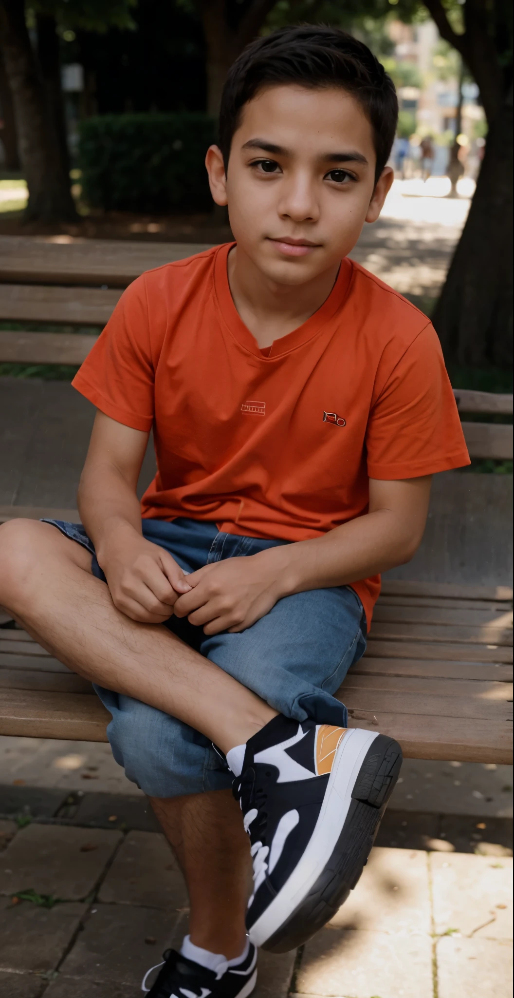 Um menino, sentado, on a park bench, extremamente realista, muito realista