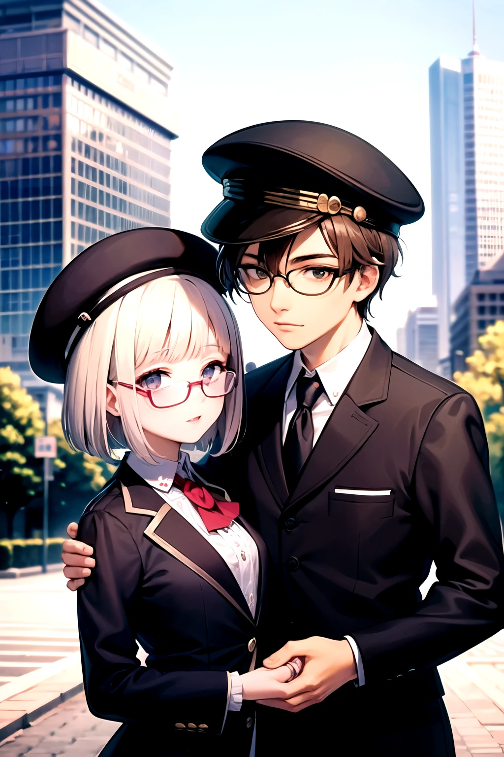 ((highest quality)), ((masterpiece)), (be familiar with), perfect face,2 men and women,glasses men,(Slender,brown hair,Slightly long wolf cut,black suit),white haired woman,(short bob,glasses,beret,one piece),Skyscraper 00