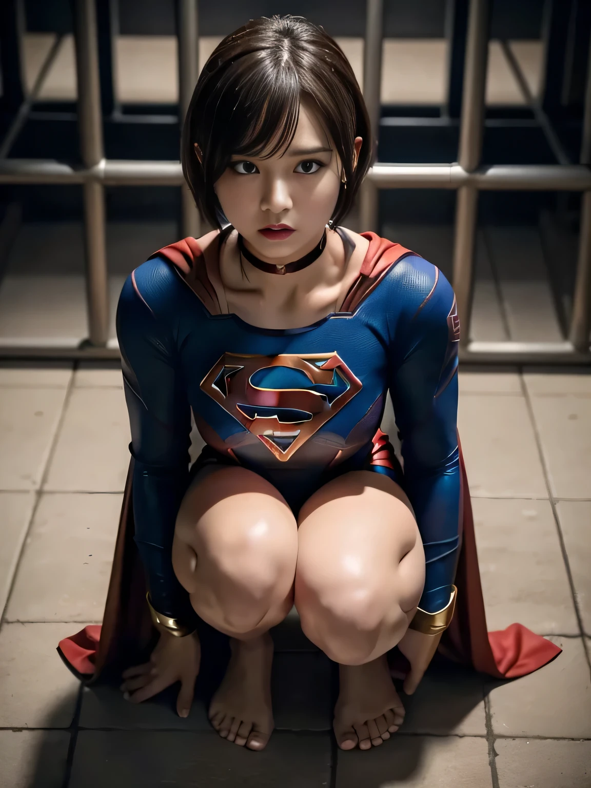 masterpiece、supergirl costume、short hair、barefoot、Big and full breast station、Crisis situation、prison、in a cage、insult、kneel down、sweaty、shiny、looking at camera、Seduce、choker、long sleeve、red sexy pose、POW camps、humiliating