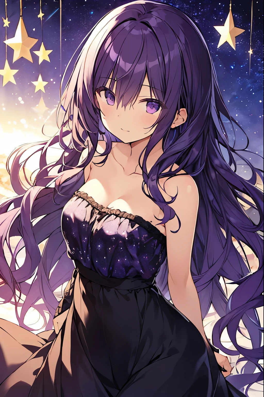 detailed background, masterpiece, highest quality, 1 person , curly hair, long hair, purple eyes, stars in the eyes , strapless blouse, long skirt