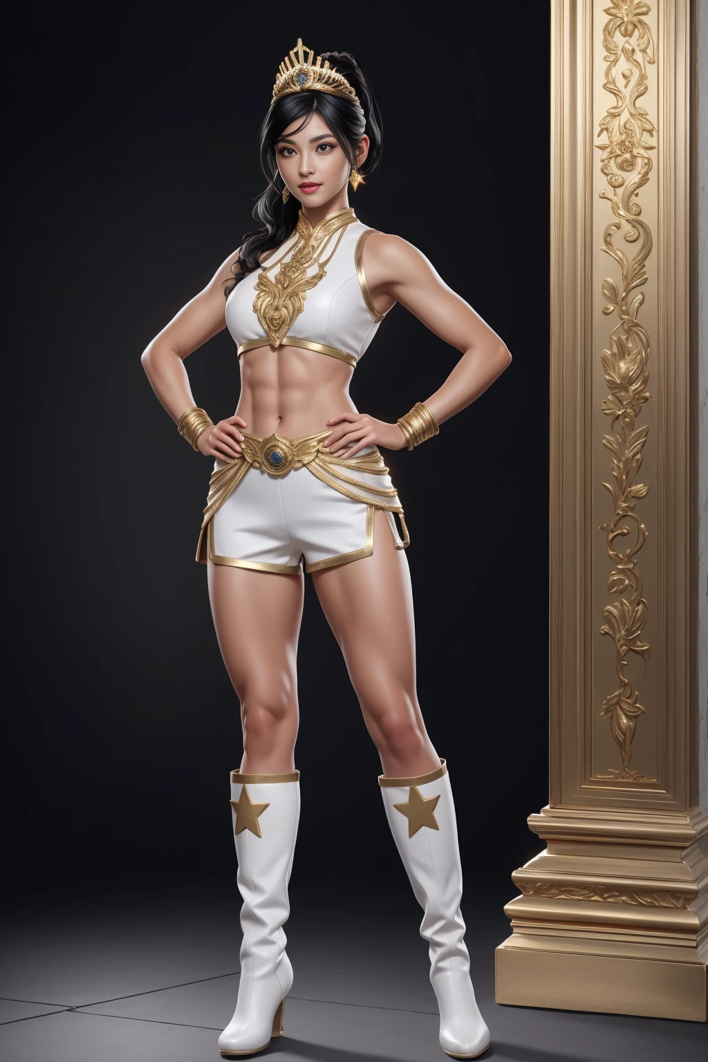 ((Full body photo,standing, feet on the ground)), (Masterpiece, 4k resolution, ultra-realistic, very detailed) sexy beautiful female superheroine ,, (jet black hair) ponytail, ( white Ancient roman outfit) red , with a golden Star, wears (a golden tiara with a red gem on forehead) , golden bracelets, long red boots, and small red shorts full body in the style of realism, glistening skin, , natural lighting, Defined full lips. fitness feminine body. in the style of realism, glistening skin, , natural lighting, Defined full lips. Muscular fitness feminine body