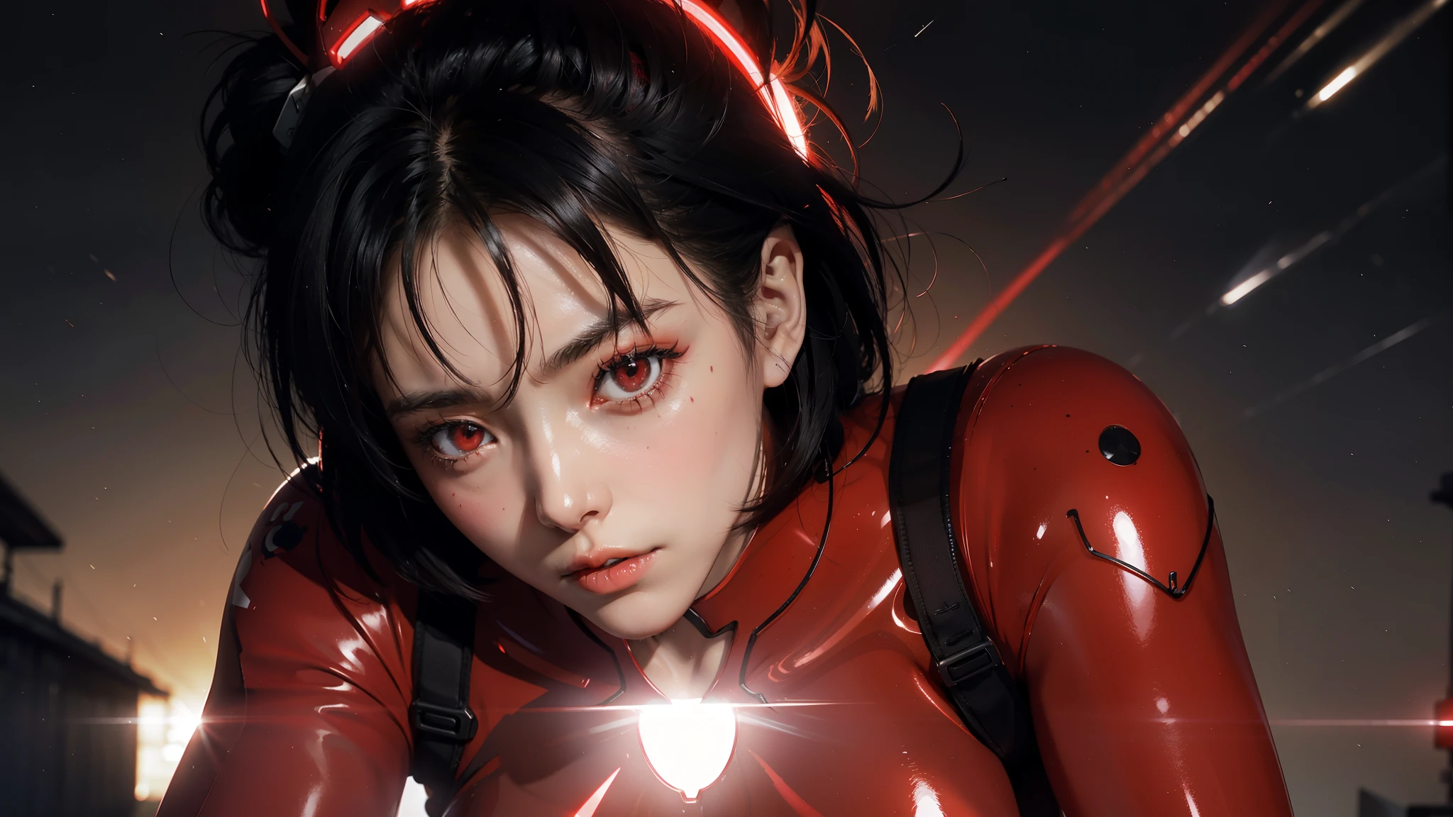 Asuka-Evangelion with short black hair (((From face to the waist view::1. 4))), realistic skin texture, front view::1.0, in complex & hyper detailed crimson and white plugsuit armor (((light glow effect in dark red shade aesthetic in image))), dinamic panning photography move/pose::1, midnight hour illuminationr, (masterpiece), best quality, perfect pretty face, 8k