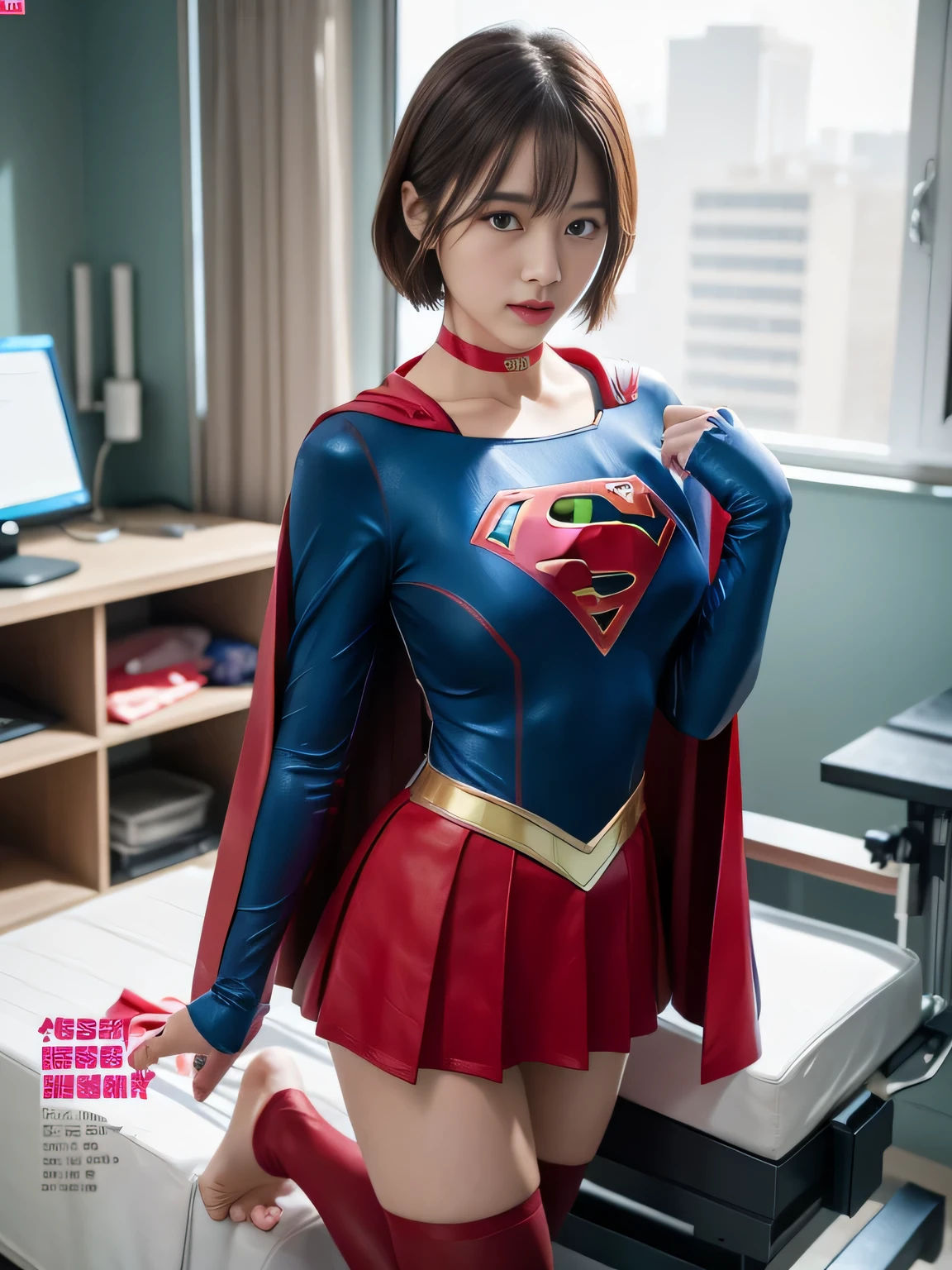 masterpiece、supergirl costume、short hair、barefoot、big and full breasts、palpation、operating room、operating table、Crisis situation、straddle、flowing sweat、shiny、look at the camera、provocation、Estrus、choker、Weekly magazine cover、long sleeve、red mini skirt、obscene pose、Seduce、humiliating