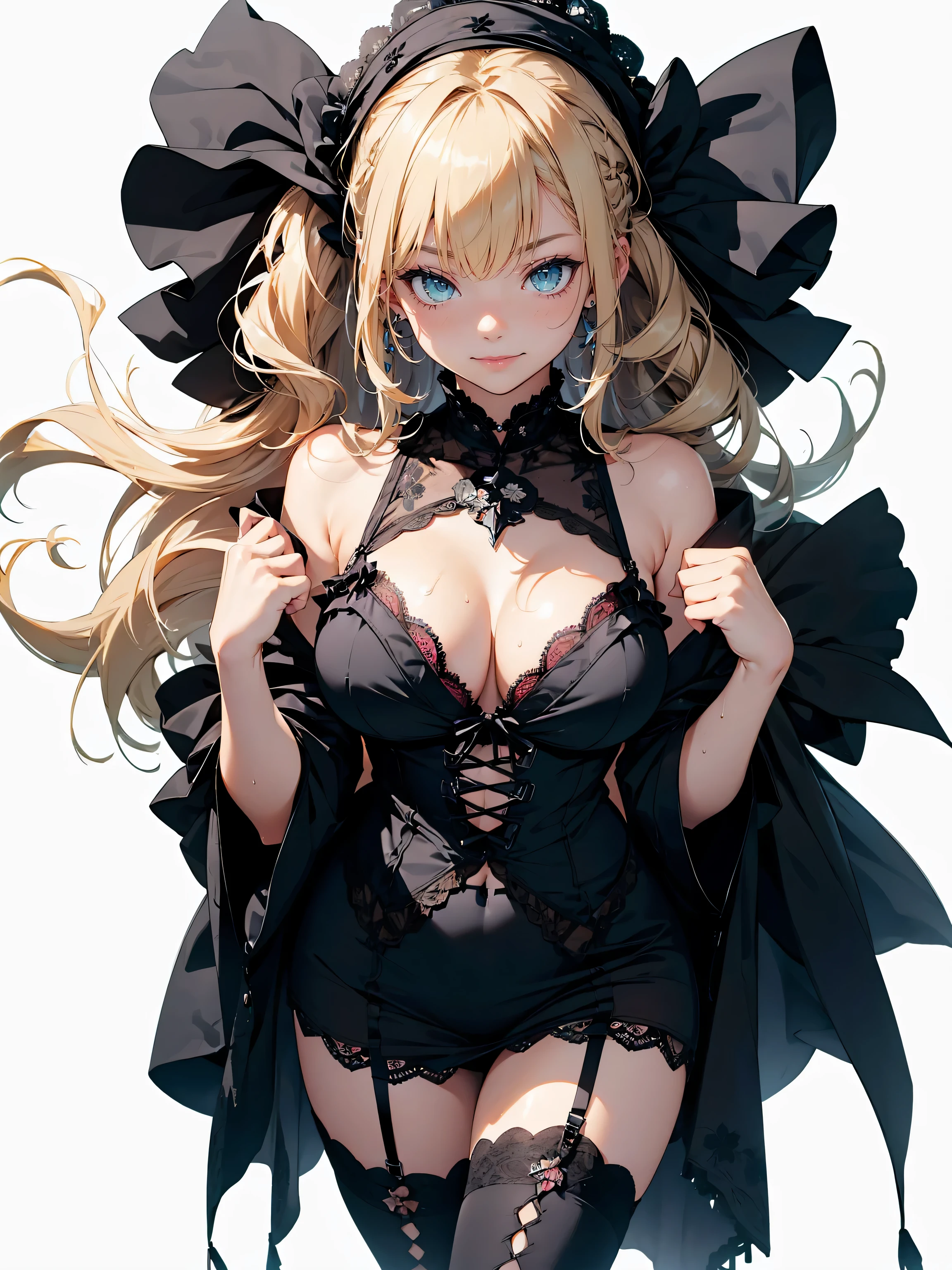 (1 lady, solo:1.5),beautiful person,(fullbody:1.3),
BREAK (32 years old,perfect body,perfect anatomy,Bishojo),mature female,perfect hand, small hand,(fit body:1.3),
BREAK extremely detailed cute face,(finely detailed beautiful eyes: 1.3),detailed eyes,((emerald green eyeodel,
BREAK extremely detailed hair,(ponytail),(long hair:1.1),straight hair,shiny hair,(((blonde hair with light brown tips hair))),(blunt bangs),
BREAK (MEDIUM HUGE BREAST:0.9),(GIGANTIC HUGE HIP:0.6),saggy breasts:1.2,pendulous breasts,realistic breast physics,
BREAK (blush,smile:1.1),(gleaming skin),sweat,oily skin,well shaped her nose,
BREAK (black theme:1.5),(gothic lolita:1.3),(lace:1.3),(kimono:1.2),(camisole:1.2),black tights,lace-up boots, platform boots,
BREAK (standing:1.3),dynamic pose,
BREAK simple_background:1.3,white background, zentangle,(patchwork layout white simple Backgrounds:1.2),
BREAK absurdres, absolutely resolution, incredibly absurdres, highres, ultra detailed, official art, unity 8k wallpaper, detailed background