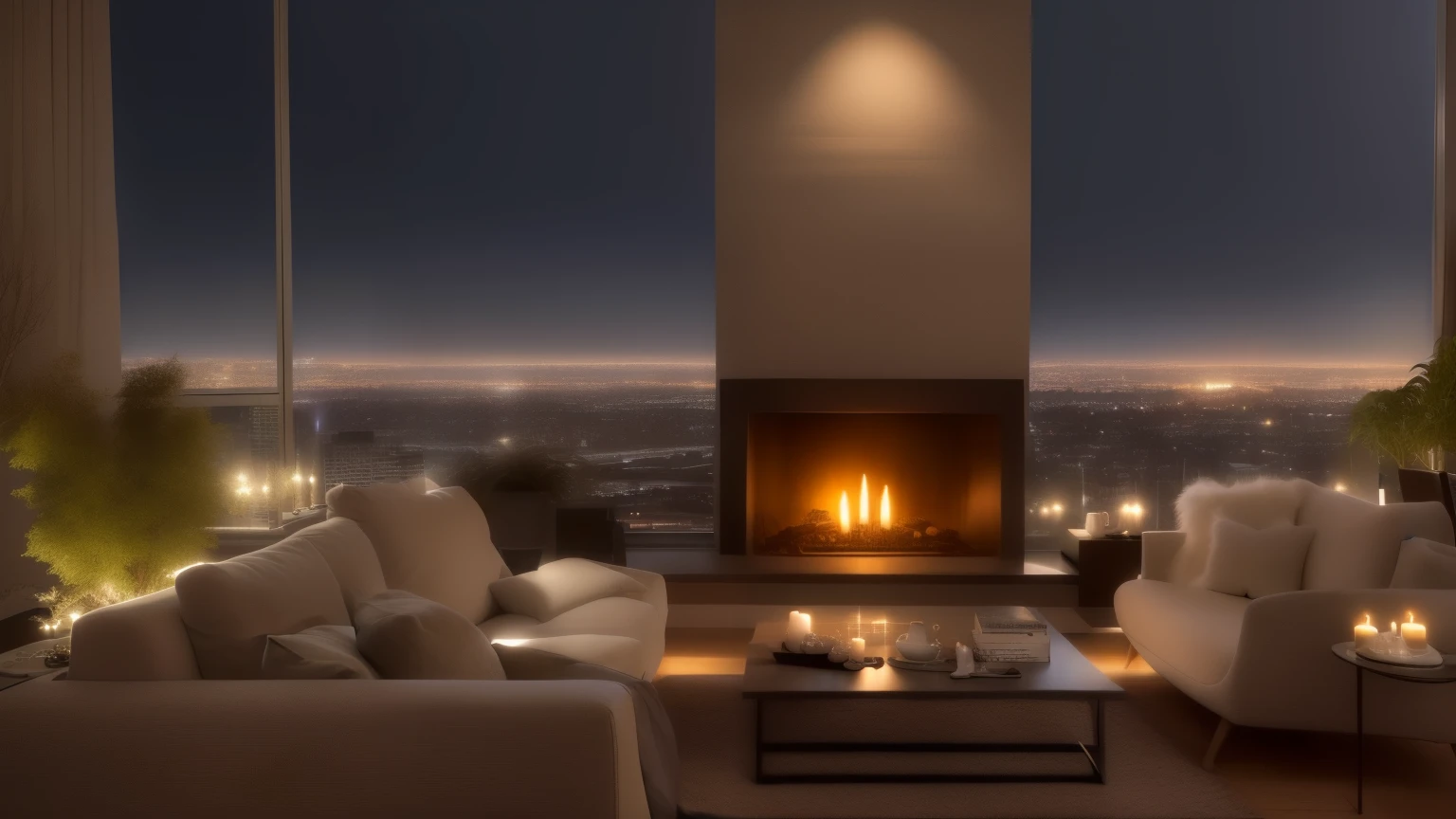 Commercial photography, real shoots, cinematics.
The room is on a high floor and has a large fireplace that crackles with wood and gives off warmth and soft light.
Large frameless windows from floor to ceiling.
Outside the window is a beautiful night view of skyscrapers lined with heavy rain late at night.
You can see the airport and runway nearby from the window.
There is a fluffy sofa in front of the indoor fireplace where you can relax. There is wine and delicious food on the table in front of the sofa.
The interior is based on gray and beige.
Movie-like mood lighting, night ambient lighting soft, cozy atmosphere,
Warm and soft indirect lighting.
Room with candles and plants, COZY, chill out, HD, masterpiece.
Product-centered structure.
Next to the sofa is a stylish stool with a half-read book on it and the gentle light of a candle swaying.
Waking up alone in the middle of the night.