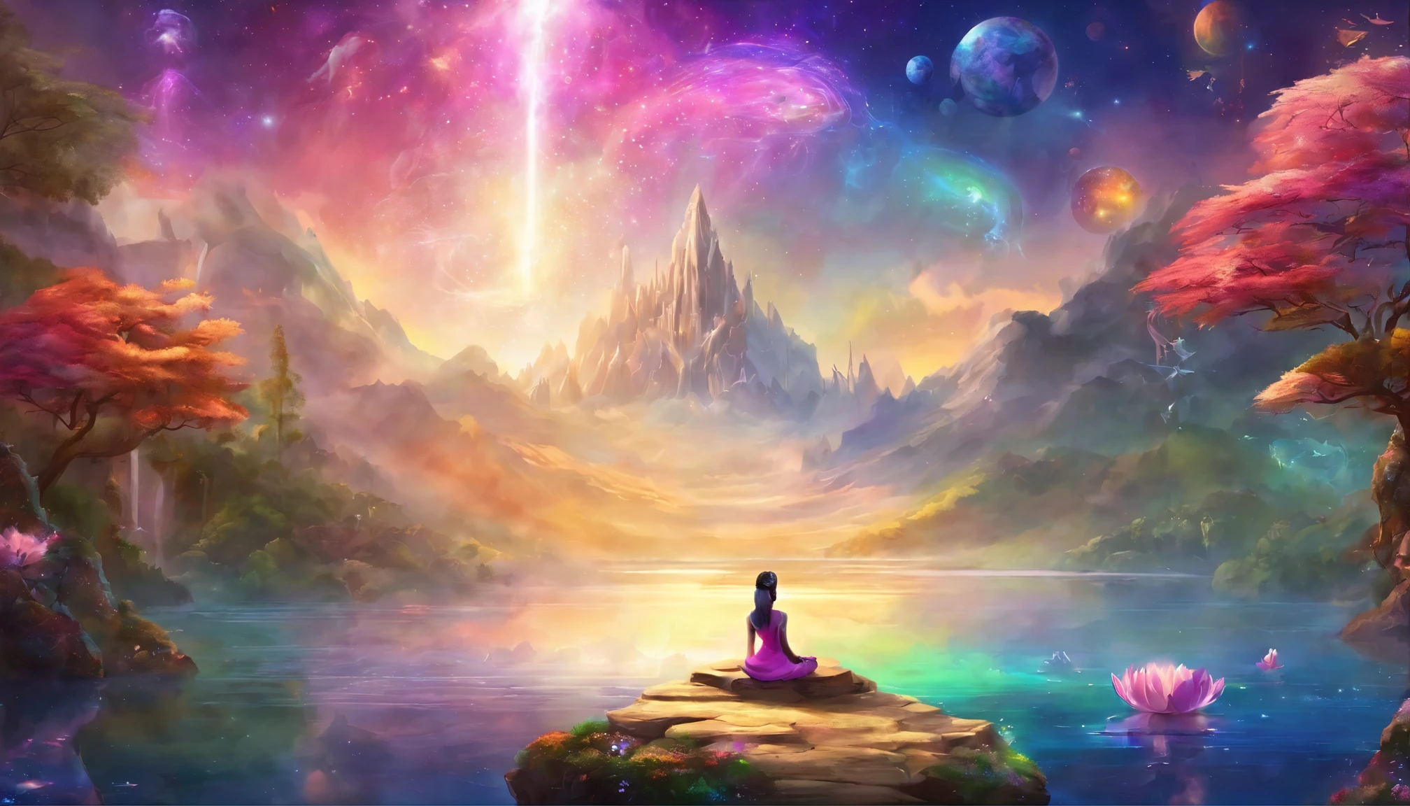 (In front of the colorful aurora swirl: 1.5), Yoga connects the seven chakras and the spectrum, Color rush vivid colors, Beautiful woman in white clothes sitting on a water lily, complex surroundings, background is complicated, spiritual, god聖な, dream-like, cosmic, amazing, god, pineal gland, dream-like, (Highly detailed CG Unity 16k wallpaper), (Noise removal strength: 1.45), (master piece:1.37), ultra photoreal sim, godの光, ray tracing, hyper hd, Award-winning