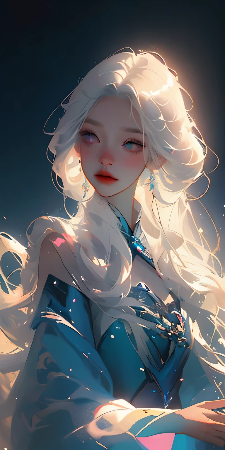 In a snowy landscape, there is a beautiful anime girl with long white hair and a blue dress. Her white hair is flowing and floating in the air, creating a mystical and ethereal atmosphere. She looks like a goddess with her enchanting appearance, exuding an aura of youth and beauty. The artwork is in a fantasy anime style, depicting the girl in a whimsical and magical setting. The flowing and glowing hair adds a touch of radiance and grace to the character. The overall artwork is a beautiful digital masterpiece, showcasing the beauty of anime art. The girl can be portrayed as a fantasy queen, radiating elegance and power. The artwork can also incorporate elements of 2.5D CGI, adding depth and realism to the fantasy anime art piece. The color scheme is vibrant and vivid, with the snowy landscape and the girl's blue dress contrasting against the white hair. The lighting in the artwork is soft and ethereal, capturing the magical ambiance of the scene.