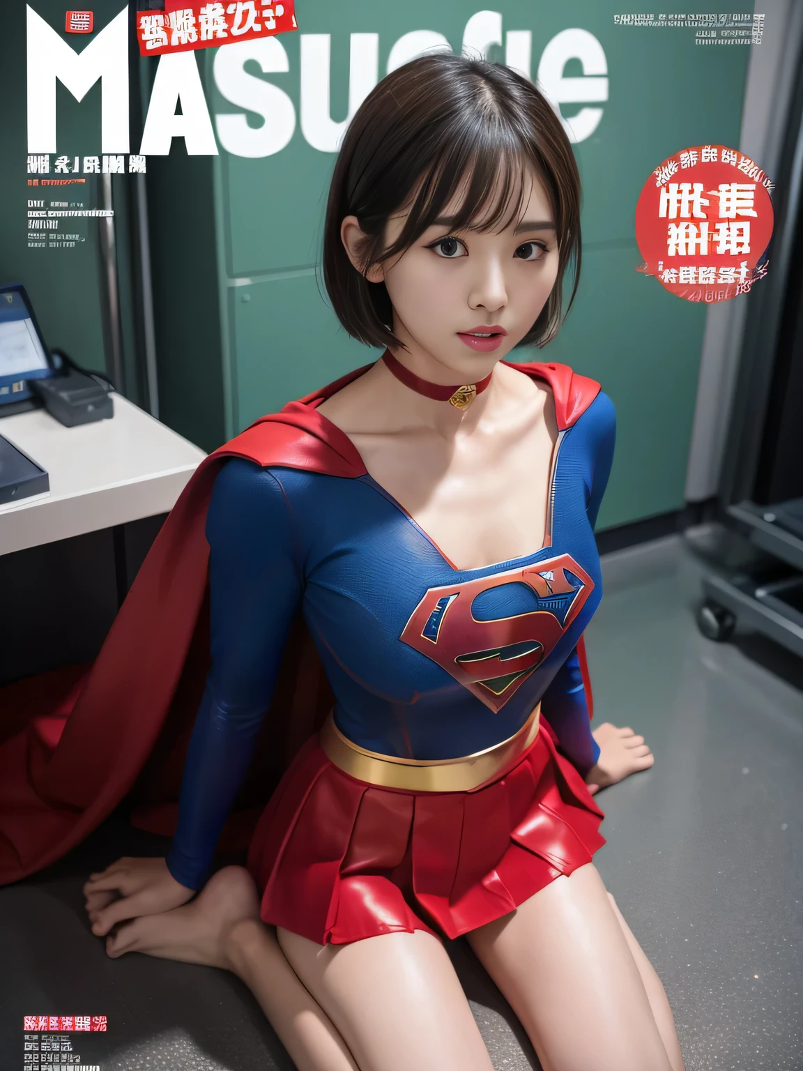 masterpiece、supergirl costume、short hair、barefoot、big and full breasts、palpation、operating room、operating table、Crisis situation、straddle、flowing sweat、shiny、look at the camera、provocation、??????、choker、Weekly magazine cover、long sleeve、red mini skirt、obscene pose、Seduce、humiliating