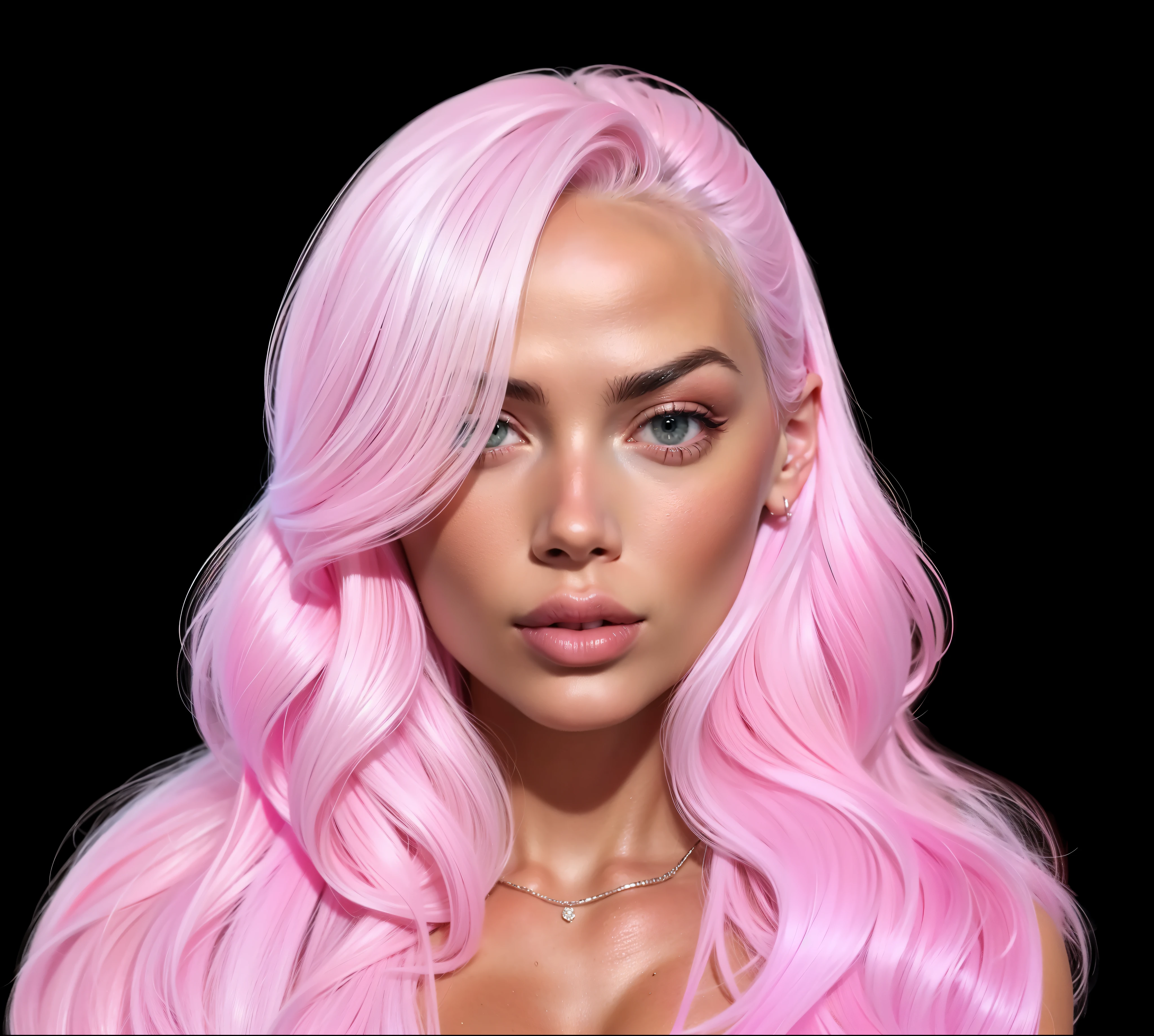 A closeup of a woman with pink hair, hyper realistic 