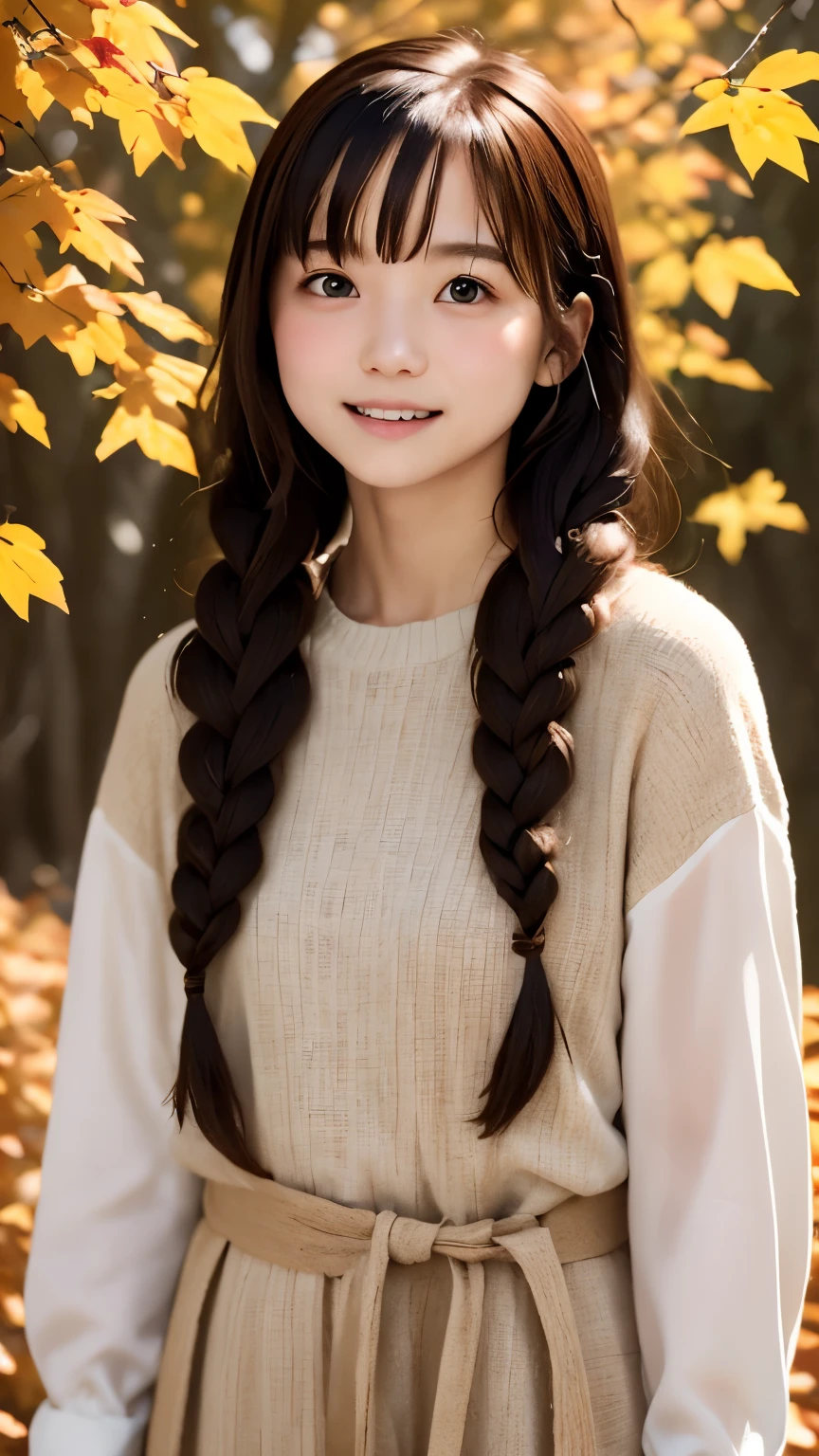 ((masterpiece、In 8K、RAW photo、best quality、超Realisticな:1.2))、(Realistic、Realisticな写真:1.2)、beautiful girl、solo、perfect face、delicate and beautiful face、Eye and face details 、Braids bundled into one:1.7、carefully drawn hair、french braid、(Fashionable autumn outfits:1.2)、(full body esbian:1.2)、((Thin smile:0.2))、beautiful lighting、rough skin、Super detailed、high detail、high quality、High resolution、detailed mouth、open your mouth、bangs、Full body Esbian、long shot、 Brilliant、Mountain with autumn leaves in the background々