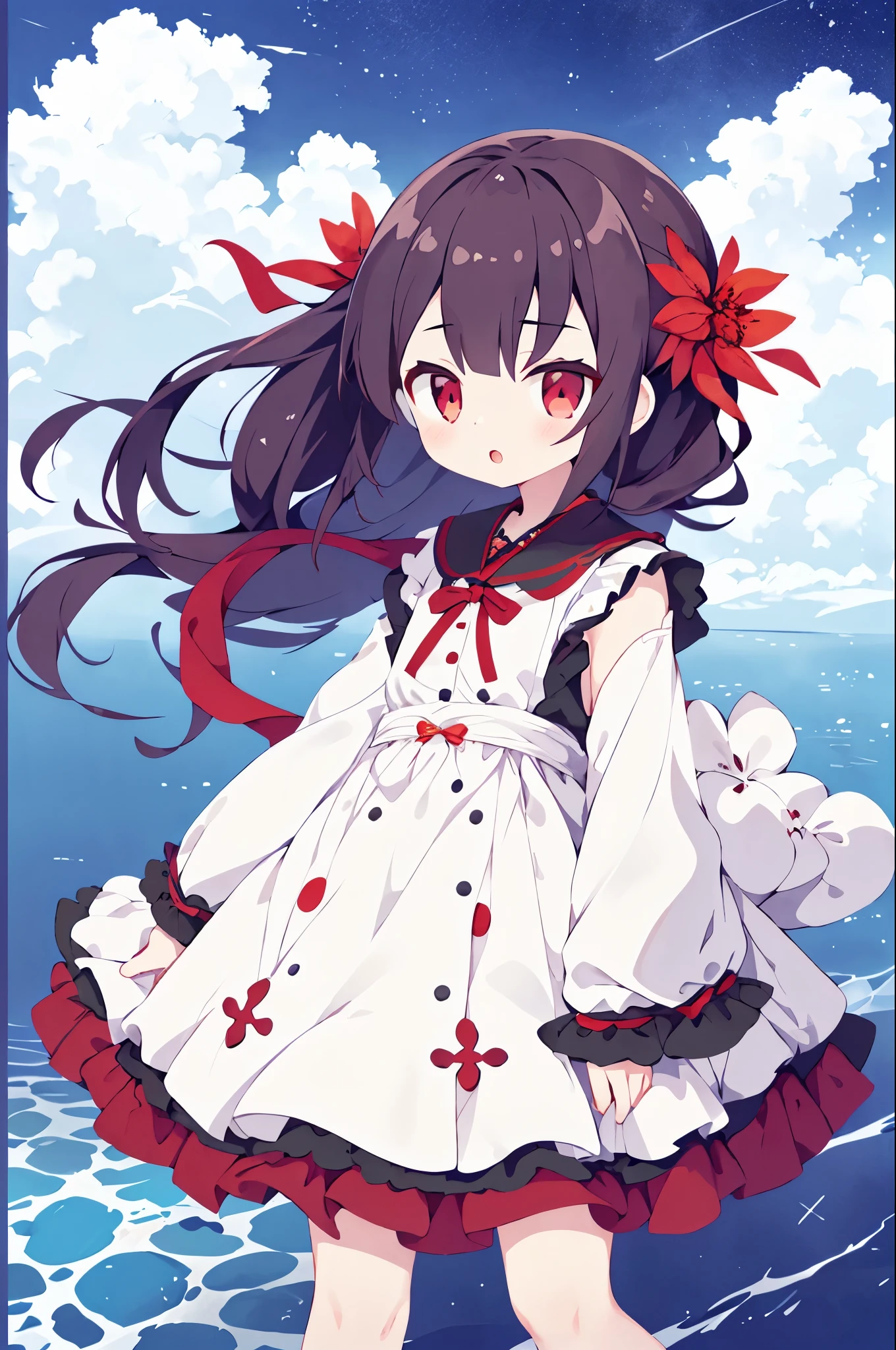 1 girl, ruffle dress, (sleeves go over wrists, Sleeves past the finger sleeves, Banzai