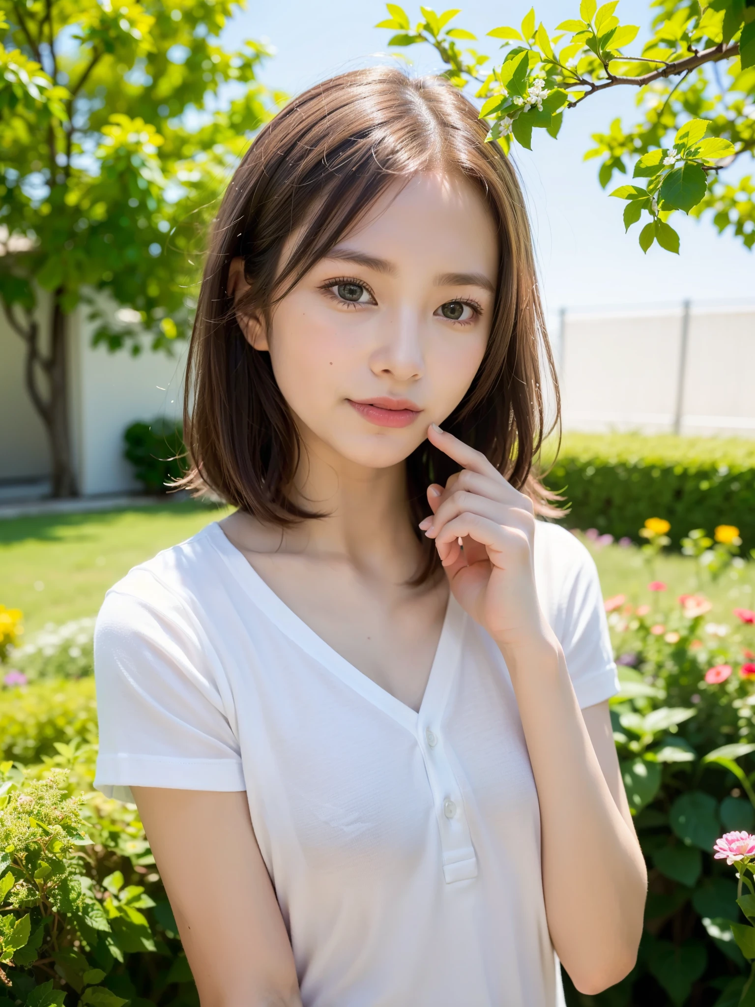 ((Best of the highest quality, 8k, Masterpiece: 1.3, raw photo)), Sharp focus: 1.2, (1 AESPA girl: 1.1), (Solo: 1.18), (realistic, photo-realistic:1.37), face focus, cute face, finely eyes, (Small breasts, flat chest, 1.2), (full nude, shirt: 1.4), (short messy hair: 1.2), finger to mouth, garden, flower,