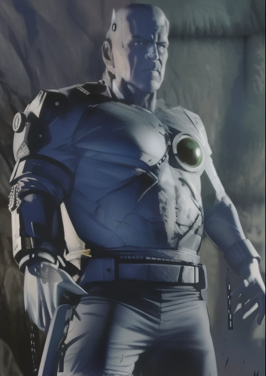um close de um homem fantasiado com uma bola verde, usando armadura labradorita, movie still of an alien cyborg, still from the film of a cyborg villain, T-1000, in the film life force (1985), still de filme de um ciborgue legal, still do filme do ciborgue asteca, still de filme de um ciborgue