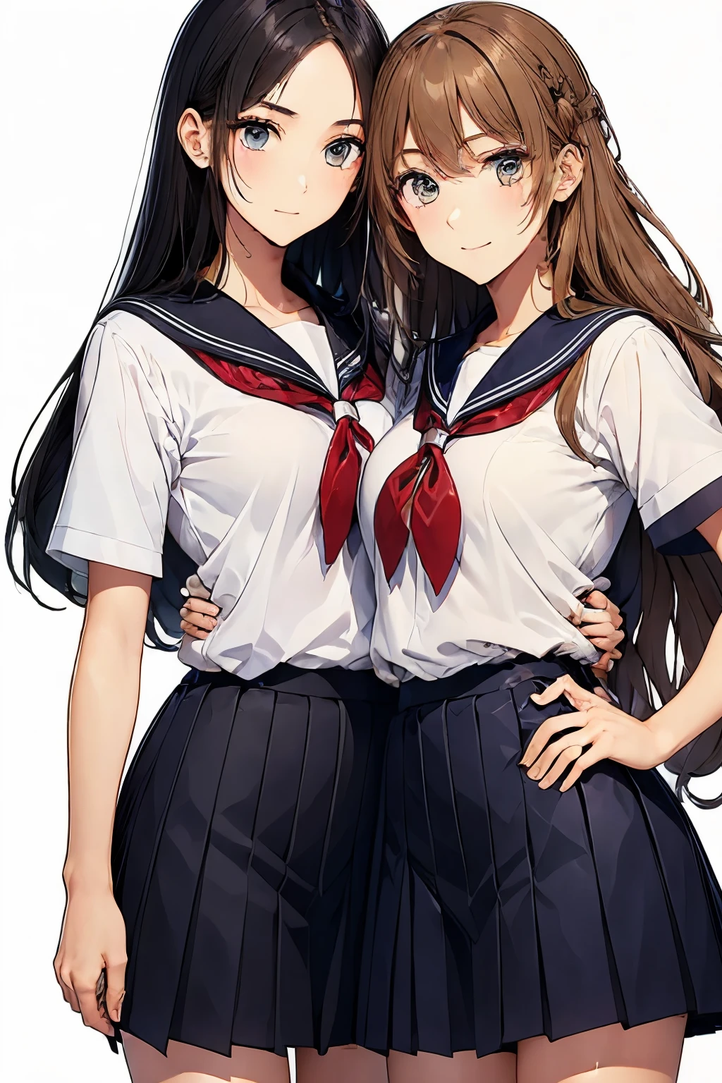 (2 girls), chyuri, (cuddling), beautiful, smile, Japanese high school student, short sleeve sailor school uniform, classroom,