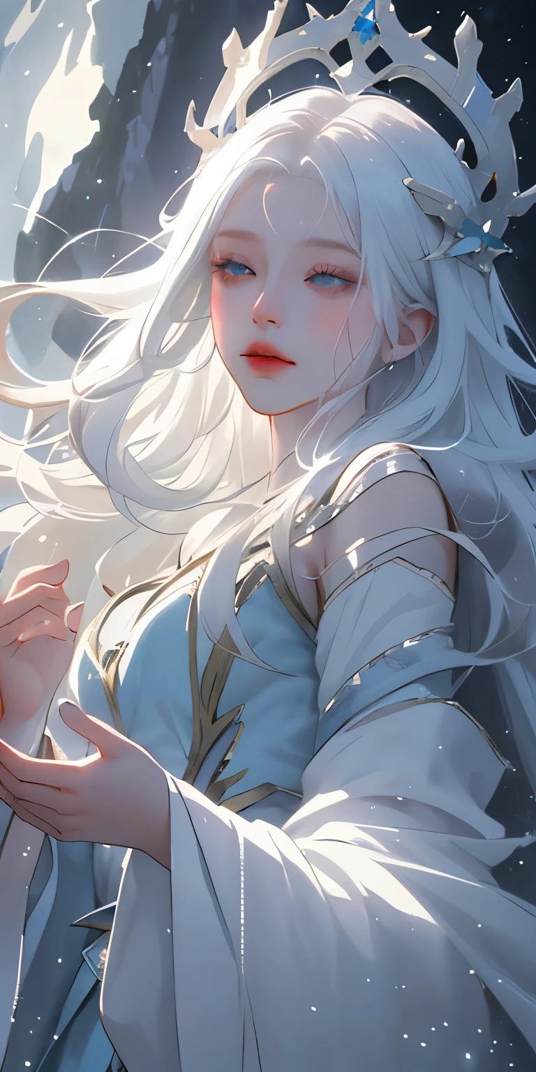 In a snowy landscape, there is a beautiful anime girl with long white hair and a blue dress. Her white hair is flowing and floating in the air, creating a mystical and ethereal atmosphere. She looks like a goddess with her enchanting appearance, exuding an aura of youth and beauty. The artwork is in a fantasy anime style, depicting the girl in a whimsical and magical setting. The flowing and glowing hair adds a touch of radiance and grace to the character. The overall artwork is a beautiful digital masterpiece, showcasing the beauty of anime art. The girl can be portrayed as a fantasy queen, radiating elegance and power. The artwork can also incorporate elements of 2.5D CGI, adding depth and realism to the fantasy anime art piece. The color scheme is vibrant and vivid, with the snowy landscape and the girl's blue dress contrasting against the white hair. The lighting in the artwork is soft and ethereal, capturing the magical ambiance of the scene.