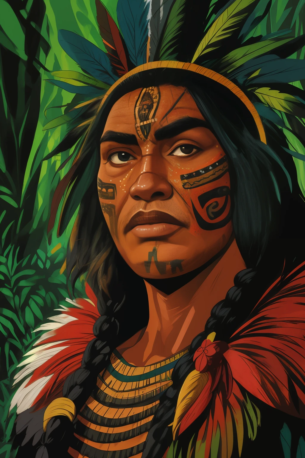 um close up de um homem com um cocar emplumado e uma pintura facial, homem indigenous, povos indigenouss amazônicos no brasil, ayahuasca shaman, Retrato de um guerreiro, marcas tribais faciais, pintura do rosto do guerreiro vermelho, indigenous, pintura facial tribal, usando tinta de guerra, Retrato de um guerreiro masculino, usando armadura tribal, pinturas tribais do rosto, anthropological photography, 16K, high definition, rosto detalhado, rosto detalhado, olhos detalhados, terno detalhado, Estilo DC, hiper-realista, + cinematic photo + Dynamic Composition, incrivelmente detalhado, nitidez, detalhes + detalhes soberbos + noite com luz + perfeccionismo + realismo premiado ((soft lighting))