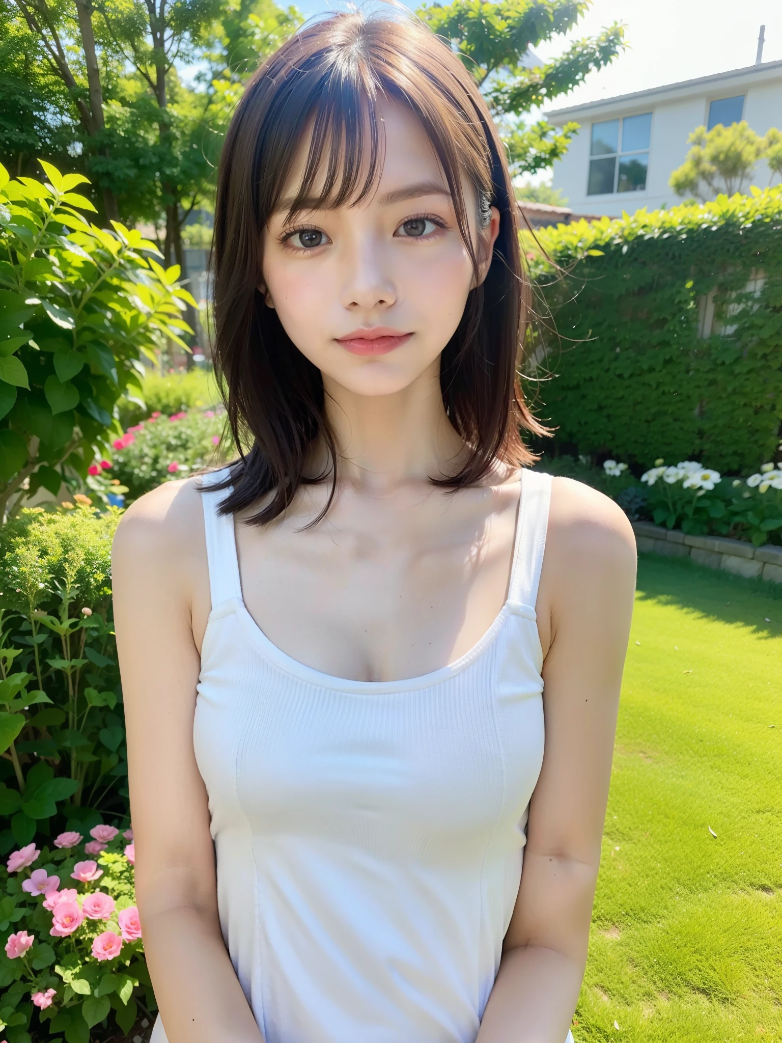 ((Best of the highest quality, 8k, Masterpiece: 1.3, raw photo)), Sharp focus: 1.2, (1 AESPA girl: 1.1), (Solo: 1.18), (realistic, photo-realistic:1.37), face focus, cute face, finely eyes, (Small breasts, flat chest, 1.2), (full nude, camisole: 1.4), (short messy hair: 1.2), finger to mouth, garden, flower,