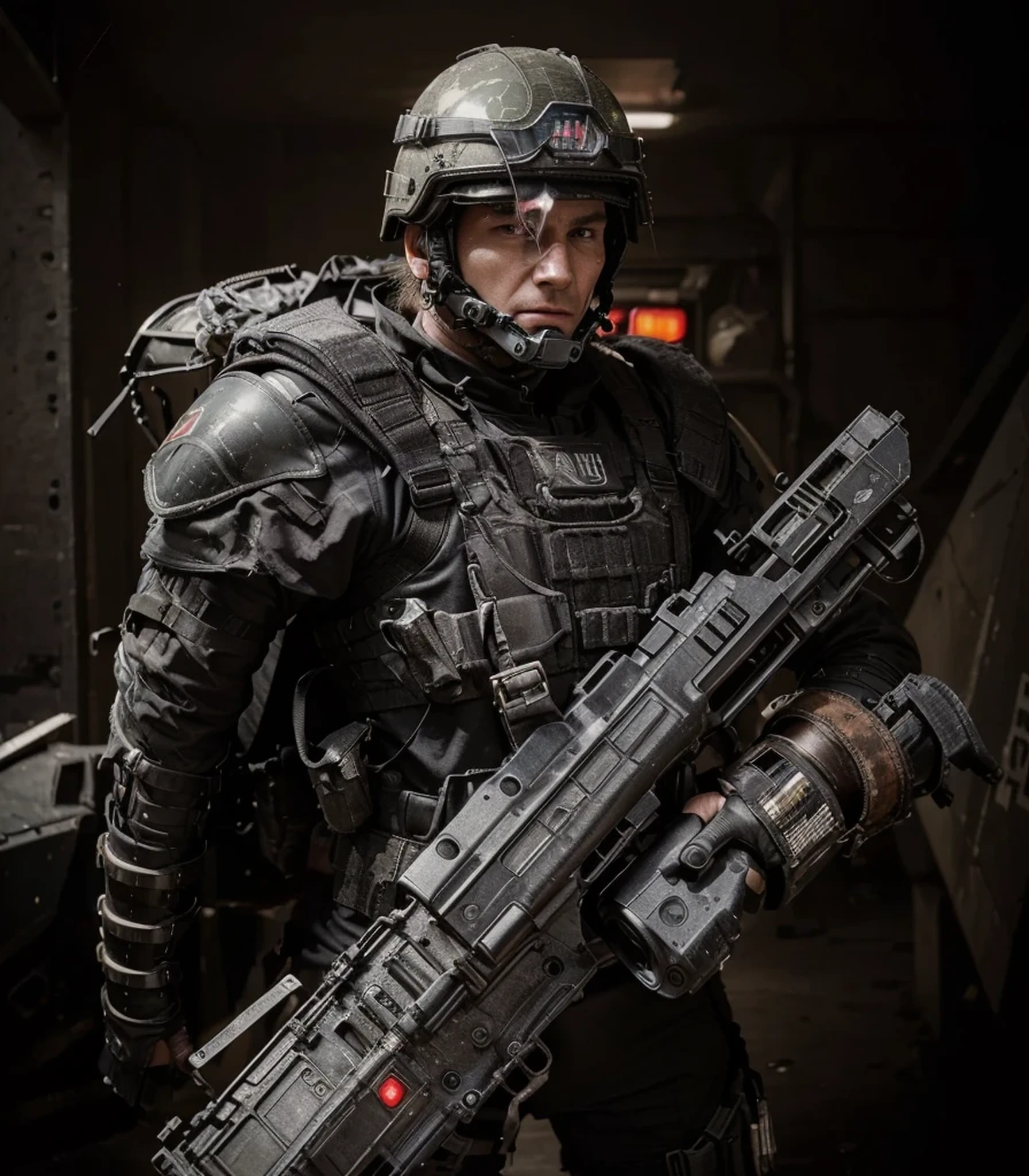 soldado masculino, vistiendo un pesado traje militar negro con detalles rojos, The uniform has the drawing of the tail of a red scorpion, casco moderno con visera, oxygen tank in the rear, holds a heavy laser cannon, Cara de soldado ruso muy masculino con una cicatriz en la cara., he is on a battlefield in a totally destroyed ampocalyptic European city pst, 4k, ultra detallado image, realista, muy detallado, perfect composition, splendid, intrincadamente detallado, incredibly detailed, 8k art photography , hiper detallado, Obra maestra, ultra detallado, hyper realista, 4k, ultra detallado image, realista, muy detallado, perfect composition, splendid, intrincadamente detallado, incredibly detailed, 8k art photography, hiper detallado, Obra maestra