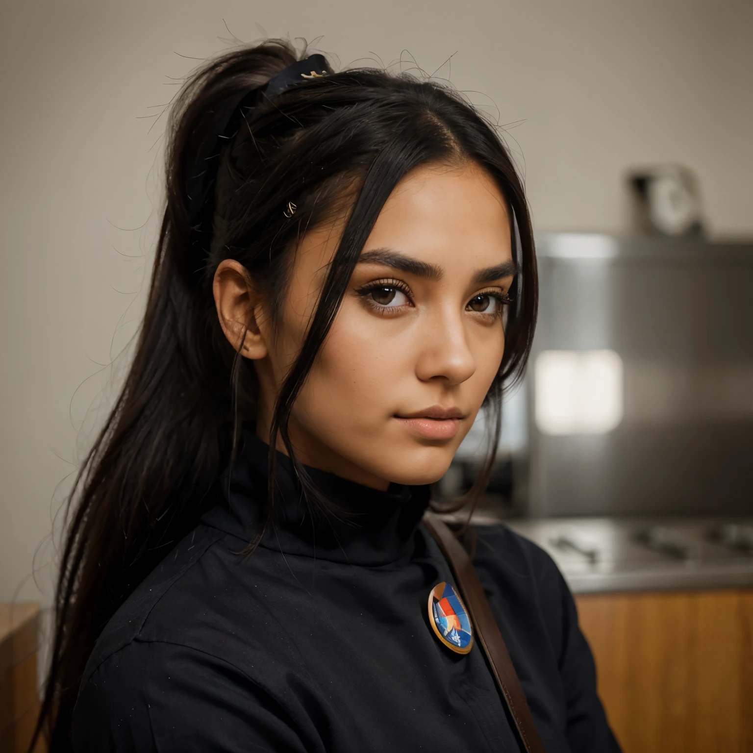 Realistic camera photo of a Beautiful girl, with tanned skin, black long hair in a high ponytail, sharp grey eyes, perfect sharp black eyebrows, Bucket cover and full U.S. Navy uniform, saluting with her right and on her forehead