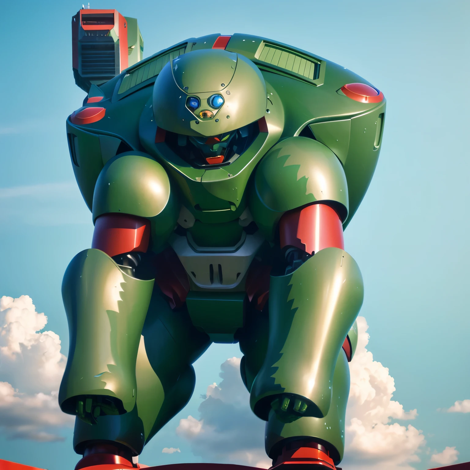 There's a huge one standing on a ledge in the sky, Otomo Katsuhiro, artist Otomo Katsuhiro, Anime large mecha, from Akira ( 1 9 8 8 ) style, Otomo Katsuhiro style, Otomo Katsuhiro, Reiji Matsumoto, Manatee shaped mecha, Mecha body, Robot warrior,3D rendering effect,Realistic effect,Army green paint,bright scene,White background