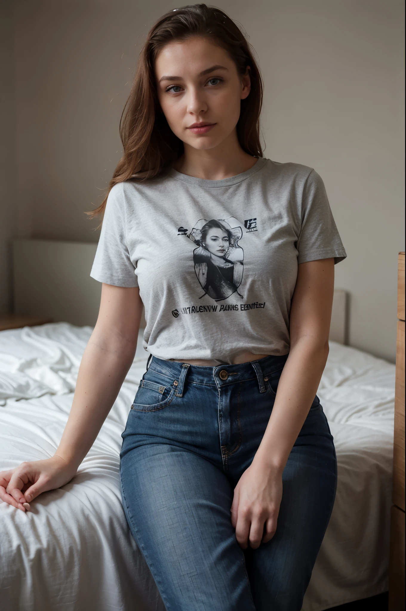 Photo de Beautiful 24 Y.o Kathryn McClellan, cheveux roux mi-longs, beaux yeux, detailled eyes, pale skinned, poitrine imposante, curvy, femme avec des belle rondeurs, looking confident, casual, Indoor, with an air of superiority, (random freckles:0.2), T-shirt gris, jeans, clivage, Sinueuse
