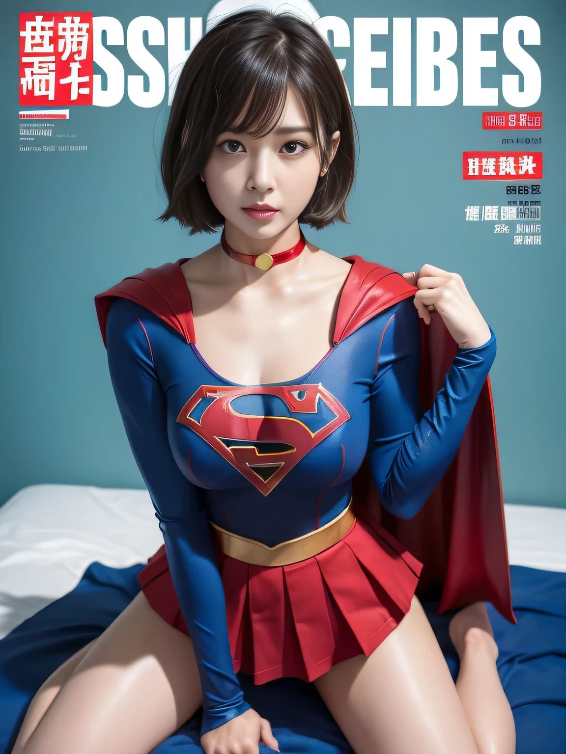 masterpiece、supergirl costume、short hair、barefoot、big and full breasts、Crisis situation、operating room、operating table、straddle、Sweat、shiny、look at the camera、provoke、Estrus、choker、Weekly magazine cover、long sleeve、red mini skirt、obscene pose、Seduce、