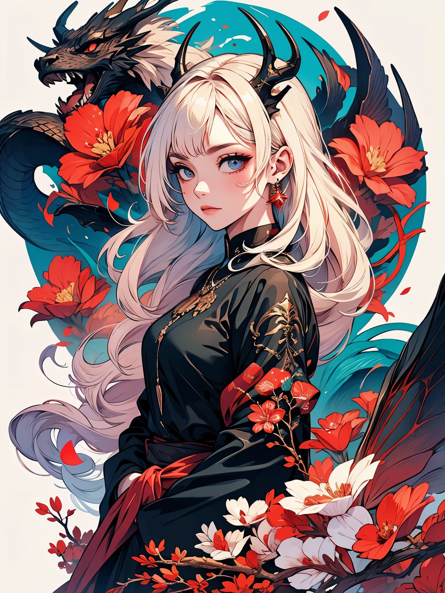 ((obra de arte, melhor qualidade)), (negative space: 1.2), (1 garota, Sozinho: 1.4), many cherry petals, olhos rosa, Dragon Girl, longo, cabelo roxo, rabo de cavalo alto, liquid hair, flores, dragon background, big ass, thick muscle body, seios pequenos redondos, chifres longos, chifres curvados, Dragon horns