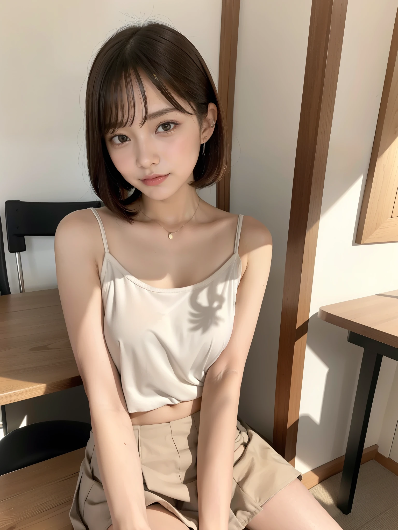 nude, (camisole, mini skirt, thigh: 1.4), small breasts, flat chest, (sitting, spread your legs: 1.2), ((top quality, 8k, table top: 1.3, RAW photo)), sharp focus: 1.2, (1 Aespa Girl :1.1), (alone: 1.12), (realistic, realistic: 1.37), (face focus: 1.1), cute face, highly detailed face, messy short hair, up style, classroom, flower, Book