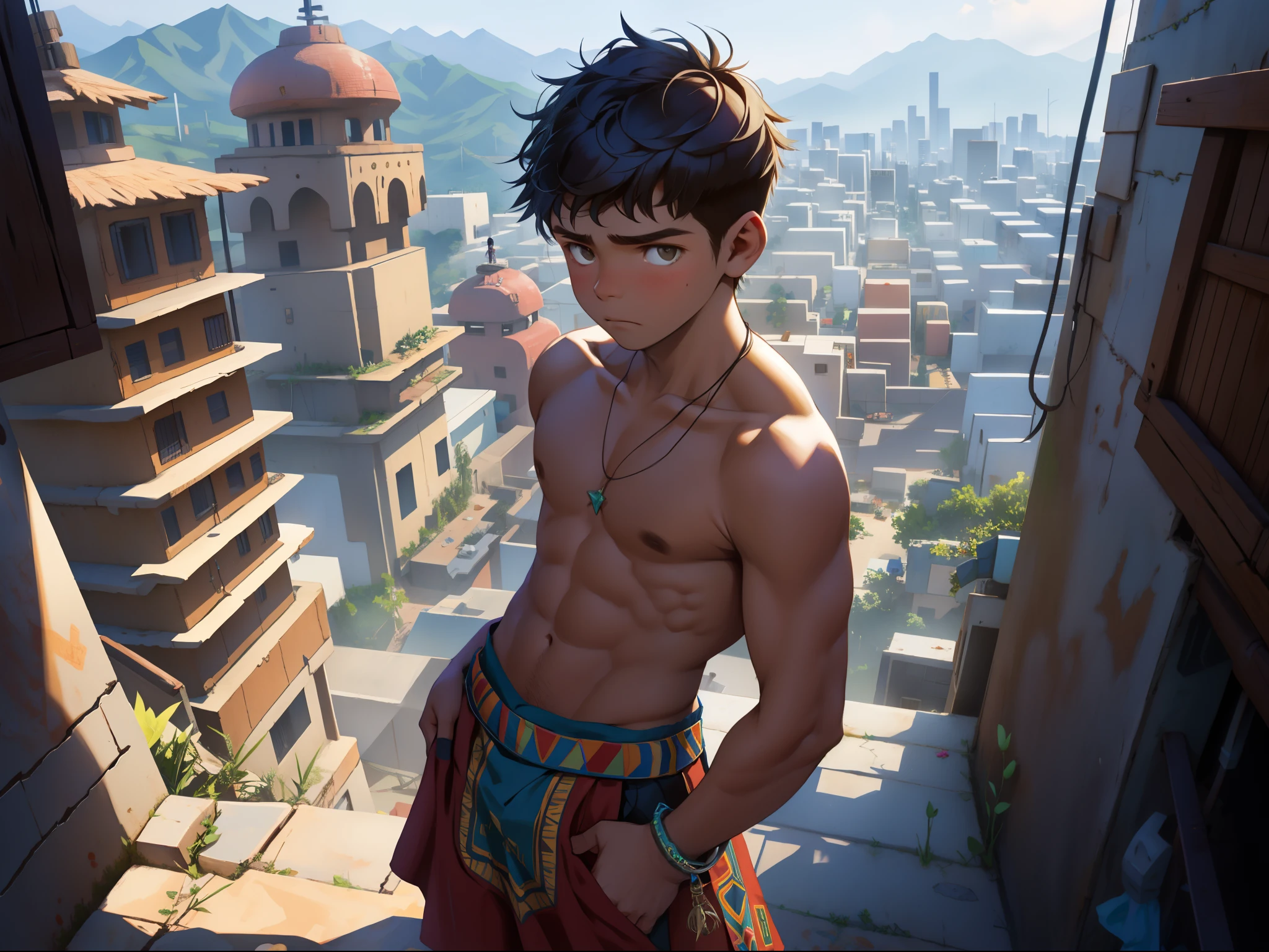cute 15 year old boy looks sad from above a modern North American city, sin camisa falda tribal