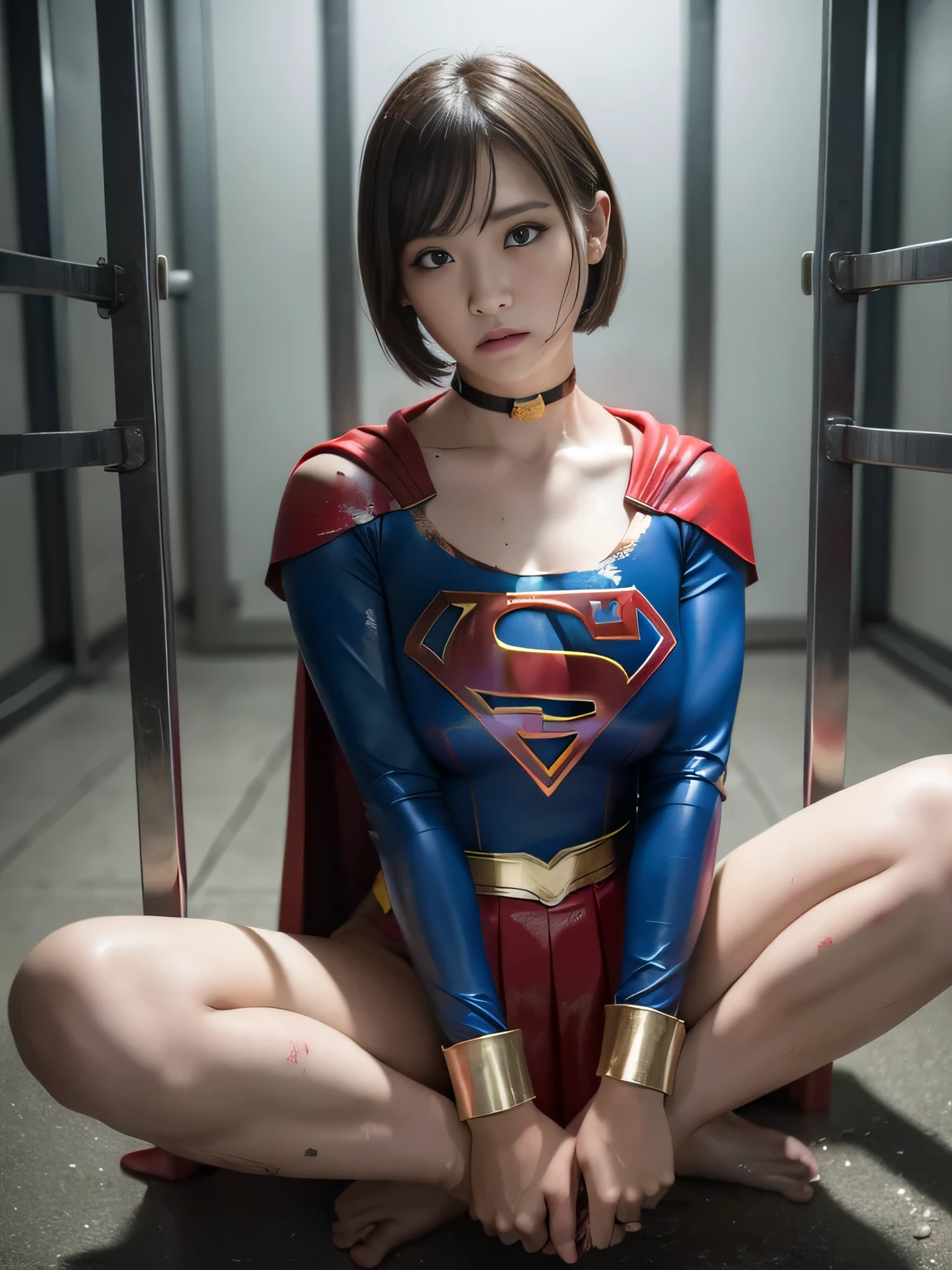 masterpiece、supergirl costume、short hair、barefoot、big and full breasts、Crisis situation、prison、in a cage、palpation、mud splash、spread your legs、handcuffs、shiny、looking at camera、Seduce、choker、long sleeve、red sexy pose、POW camps、humiliating