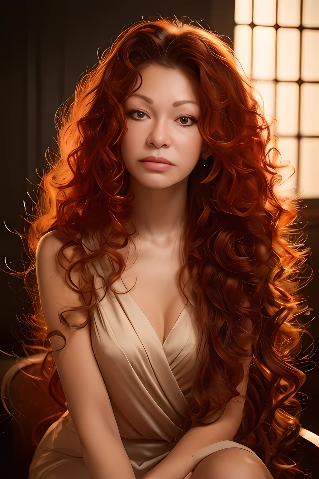 Arafed woman with long red hair sitting on a chair - SeaArt AI