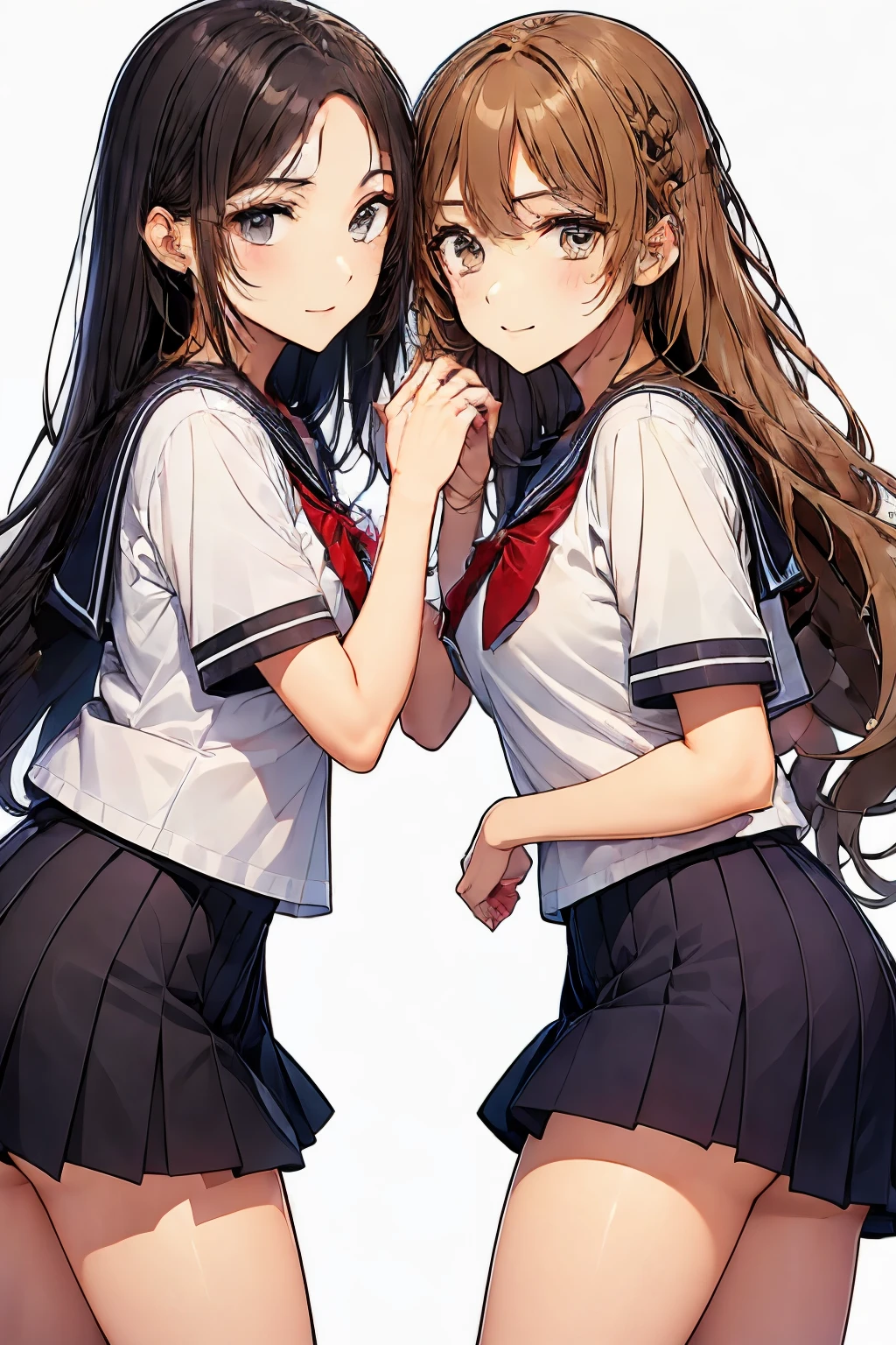 (2 girls), chyuri, (cuddling), beautiful, smile, Japanese high school student, short sleeve sailor school uniform, classroom,