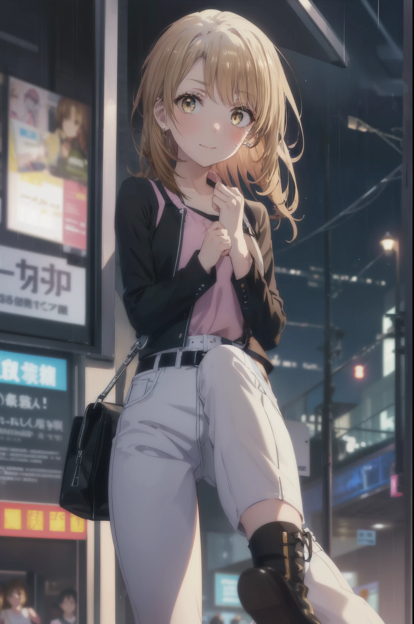 irohaisshiki, iroha isshiki, long hair、, brown hair, (brown eyes:1.5), smile,tight waist, skinny, Big eyes,long legs,ripped short denim pants,leather belt,medium chest,puffy eyes, leather belt,(rainy city), shiny skin, Face-to-face audience, cover the ribcage:0.7), sweating, Drops of sweat scattering,off shoulder,Torn top, blush, nervous, sweaty,round earrings,short boots,
break outdoors, In town,路地裏
break looking at viewer,
break (masterpiece:1.2), highest quality, High resolution, unity 8k wallpaper, (figure:0.8), (detailed and beautiful eyes:1.6), highly detailed face, perfect lighting, Very detailed CG, (perfect hands, perfect anatomy),