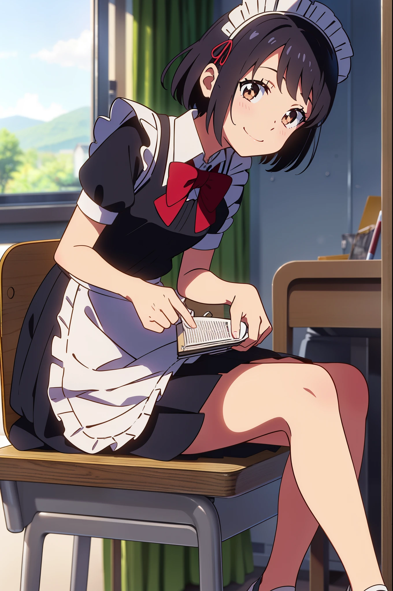 shinkai makoto, kimi no na wa., 1girl, bangs, black hair, short hair, blush, brown eyes, looking at the viewer, ((girl wear maid dress, short sleeves, short dress, short skirt, maid headdress)), red bow, red ribbon, smile, cute, Have a diary, classroom, Read the diary, after school, rest, fearless smile, happy, fun, joyful, sitting, on chair, indoors, chair, desk, school desk, window, dynamic angle
