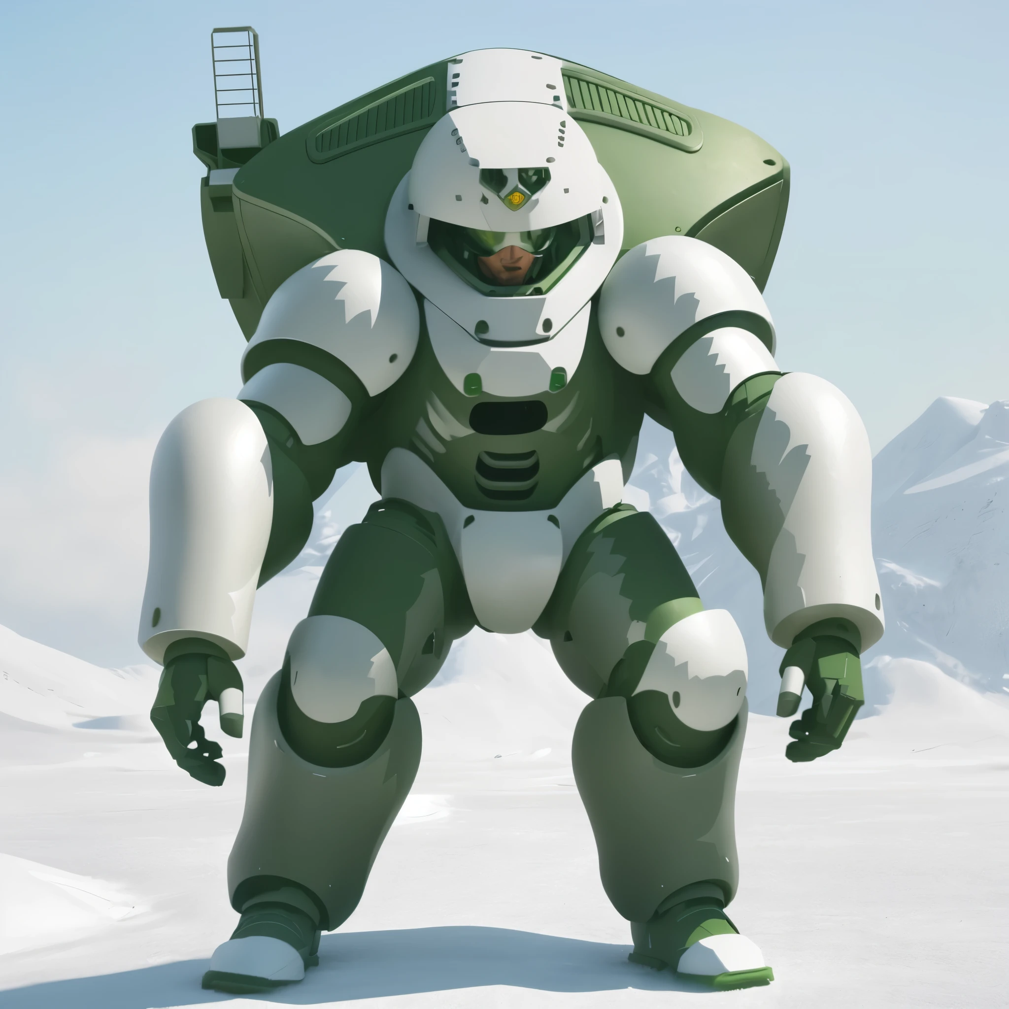 There is a cartoon,The painting is of a giant standing in the snow, You will, Kogor as a soldier in Thor, wears a suit of Powered Armor, Mecha suit, Machine deck armor, dominate, Powered Armor, Wario as Armored Titan, Mecha suit, Became a mobile suit, Mecha style greek god, Mecha armor,3D rendering effect,Realistic effect,Army green paint,bright scene,White background